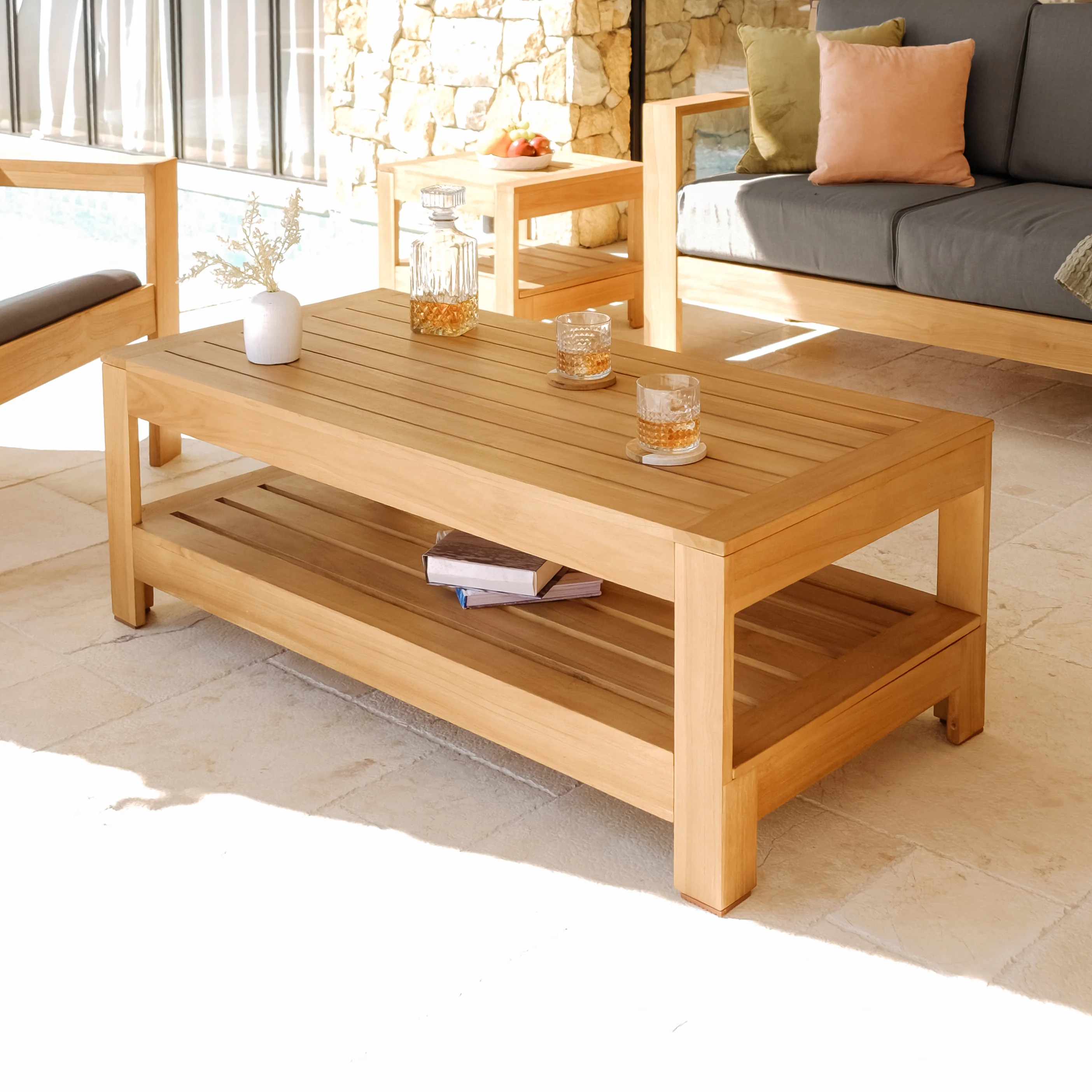 Logan Teak Wood 5 Pieces Modern Conversation Set with Padded Seat - Image 7