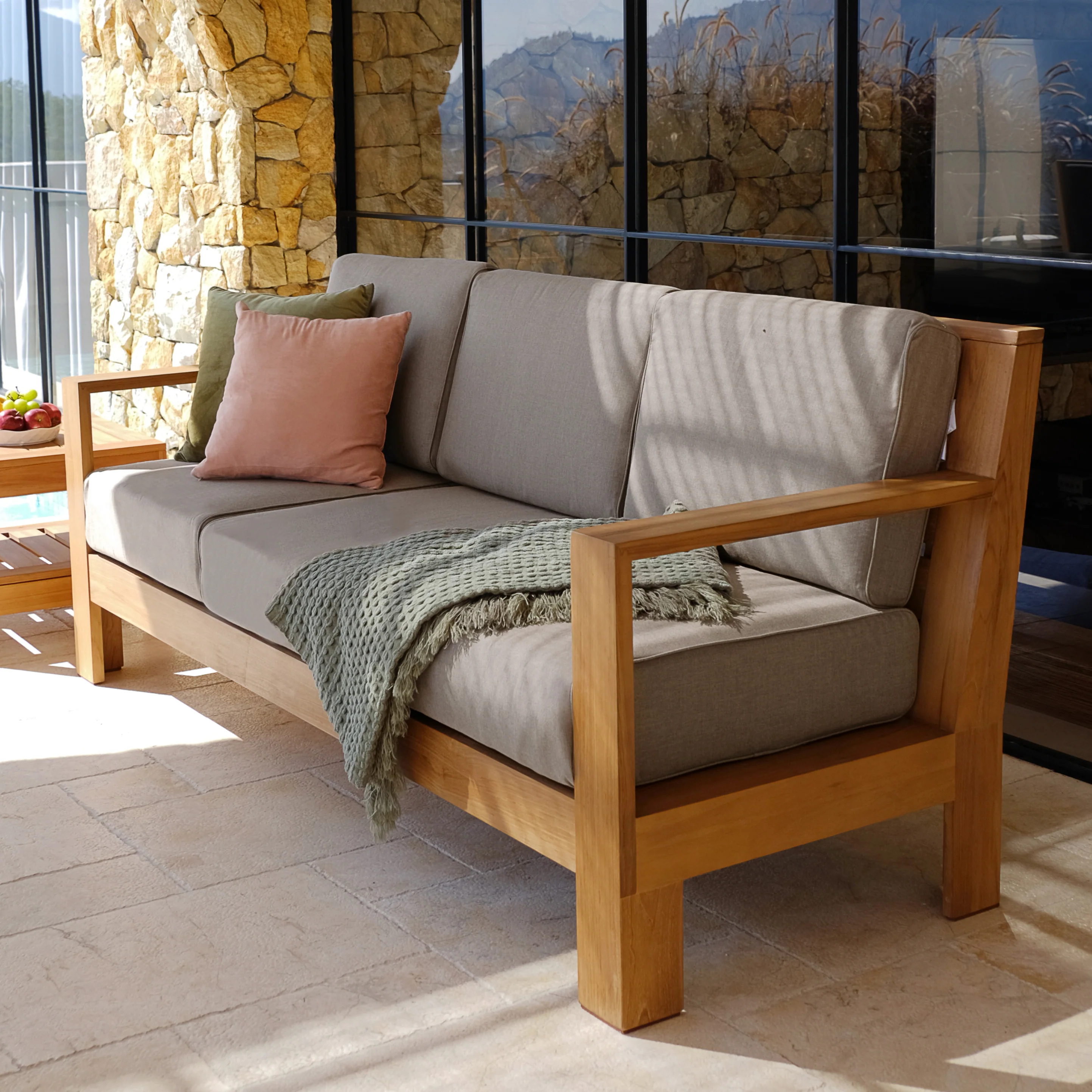 Logan Teak Wood Patio Sofa with Sunbrella Cast Shale Cushion - Image 4