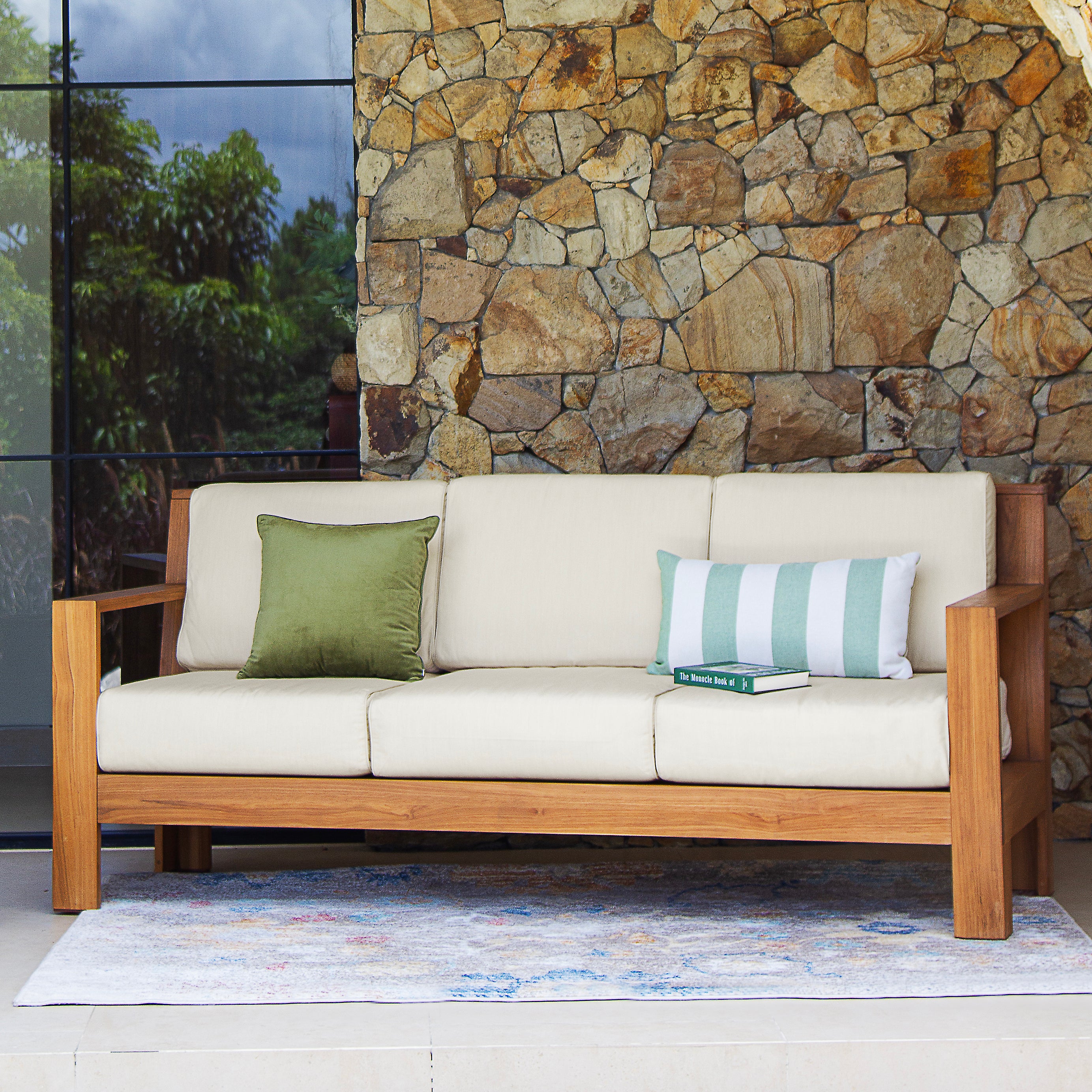 Logan Teak Wood Patio Sofa with Sunbrella Vellum Cushion - Image 4