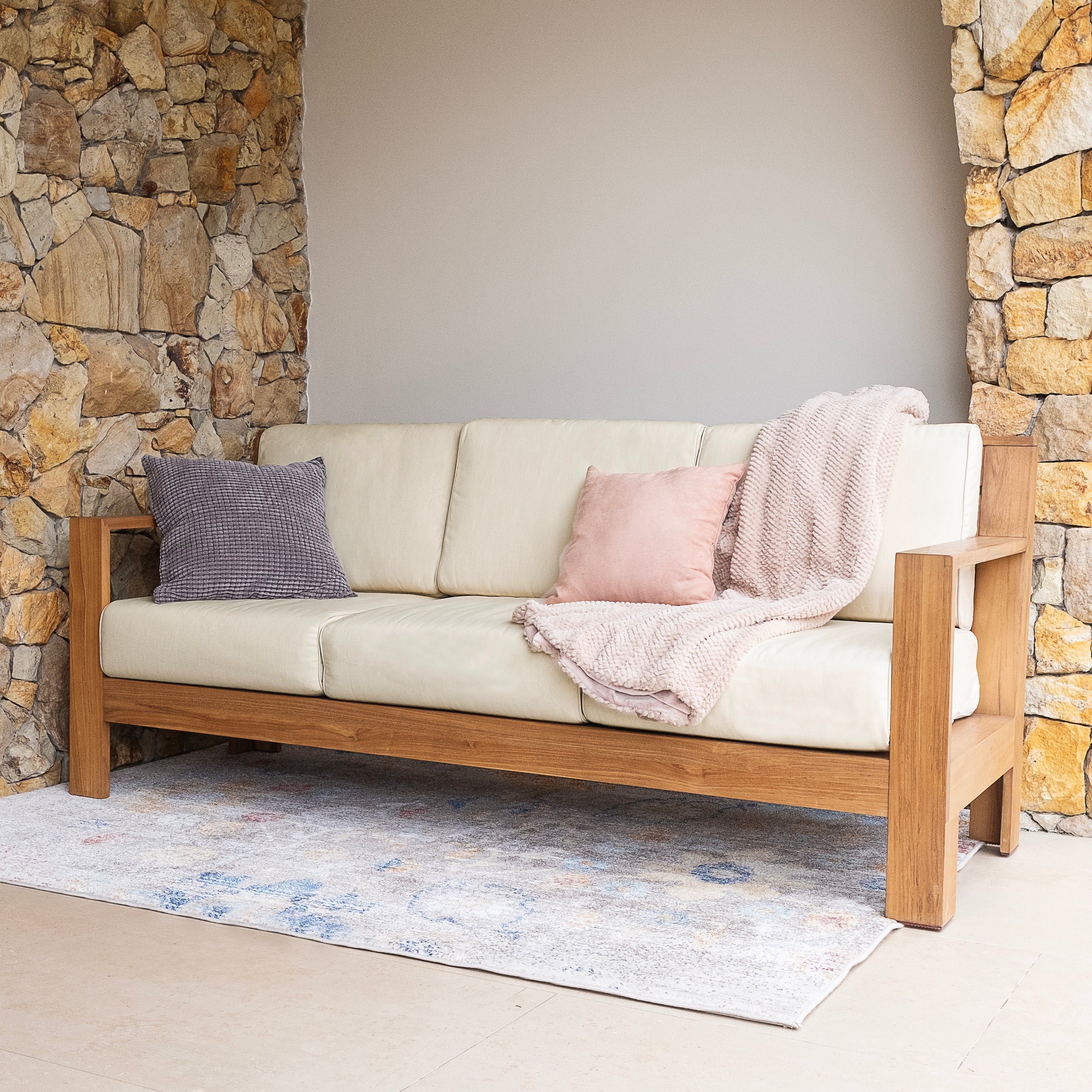 Logan Teak Wood Patio Sofa with Sunbrella Vellum Cushion - Image 6