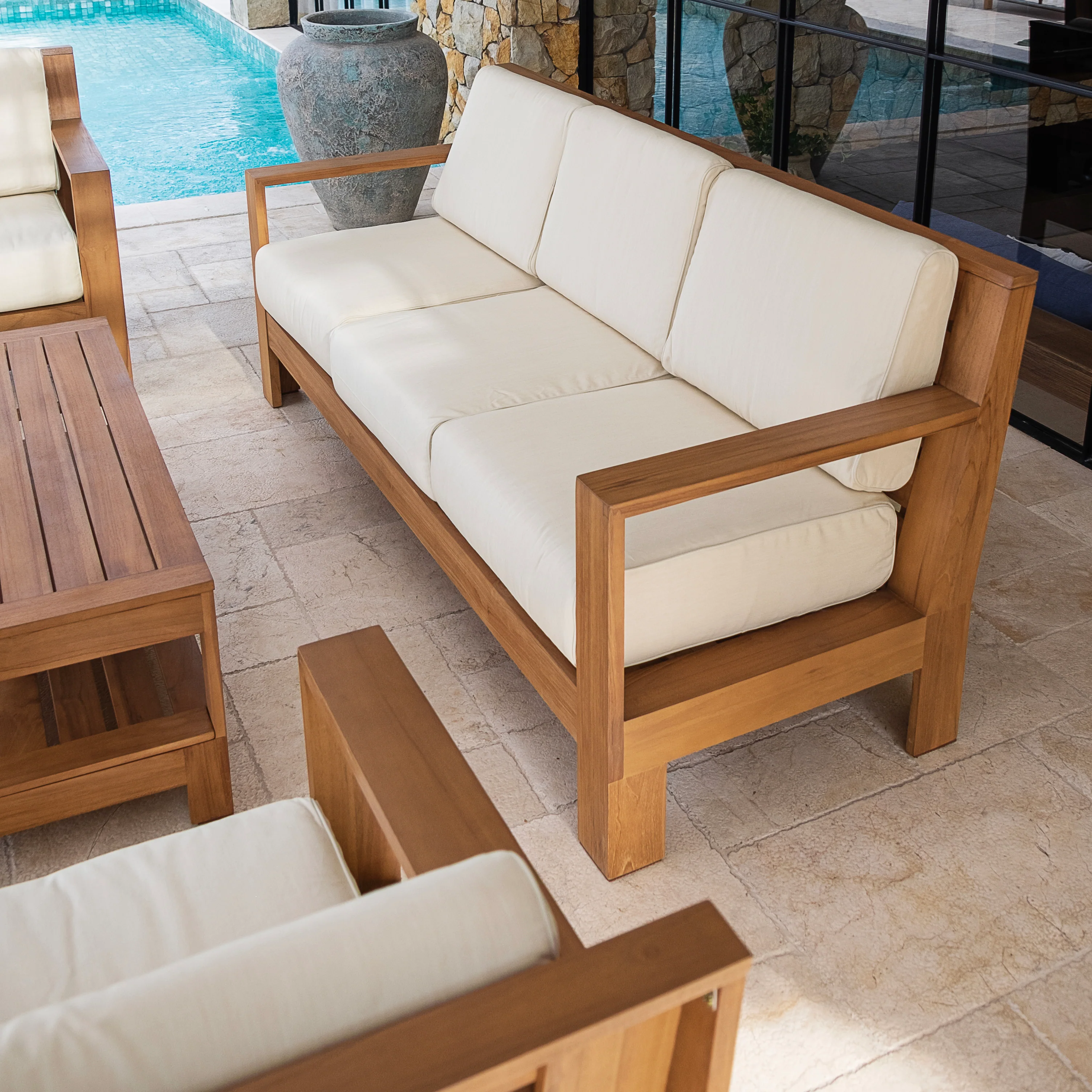Logan Teak Wood Patio Sofa with Sunbrella Vellum Cushion - Image 7
