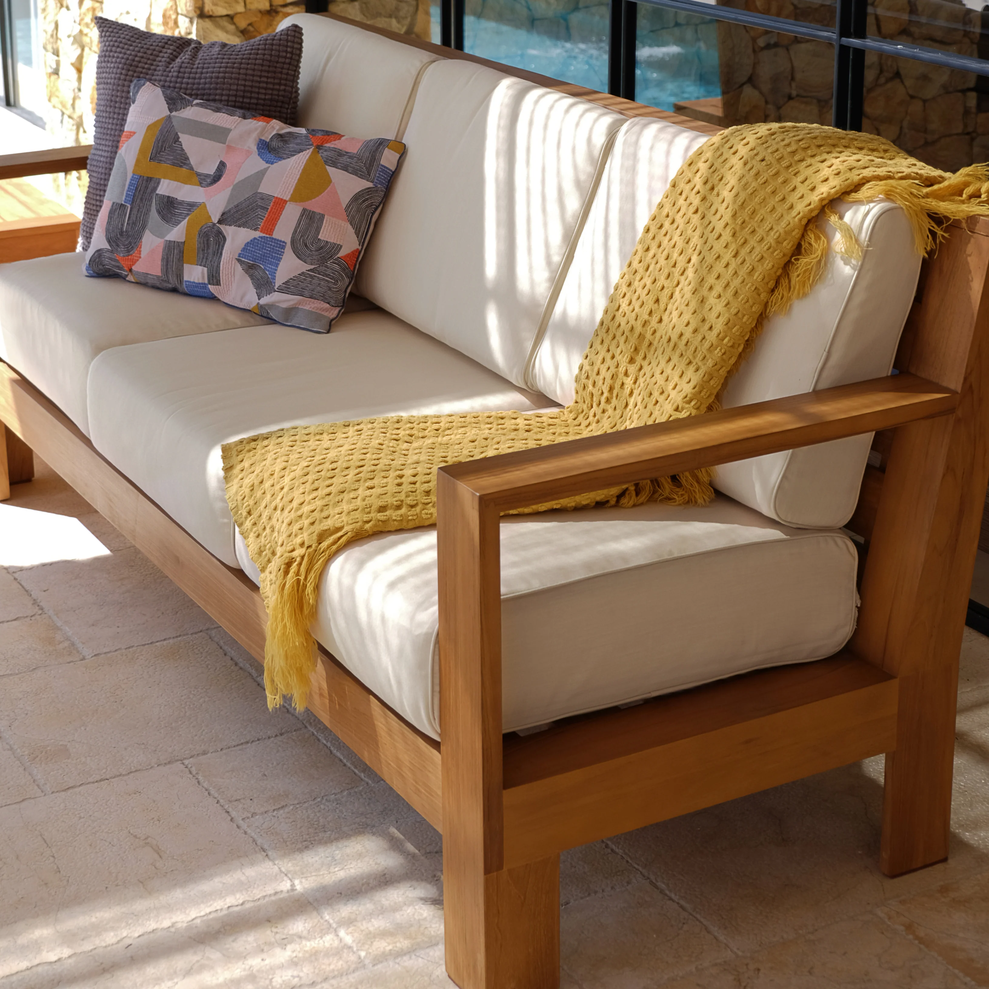 Logan Teak Wood Patio Sofa with Sunbrella Vellum Cushion - Image 8