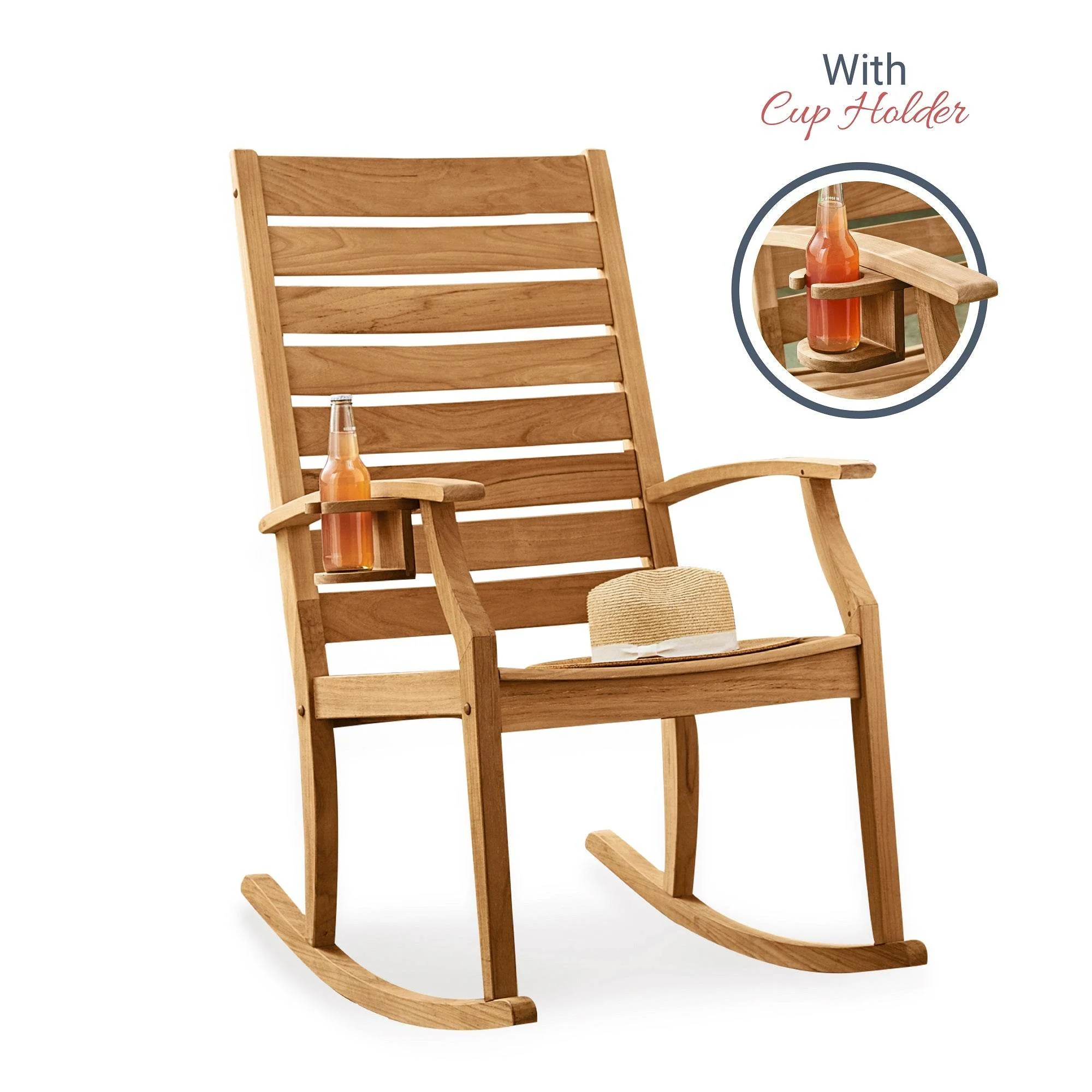 Logan Teak Wood Porch Rocking Chair with Cup Holder - Image 3