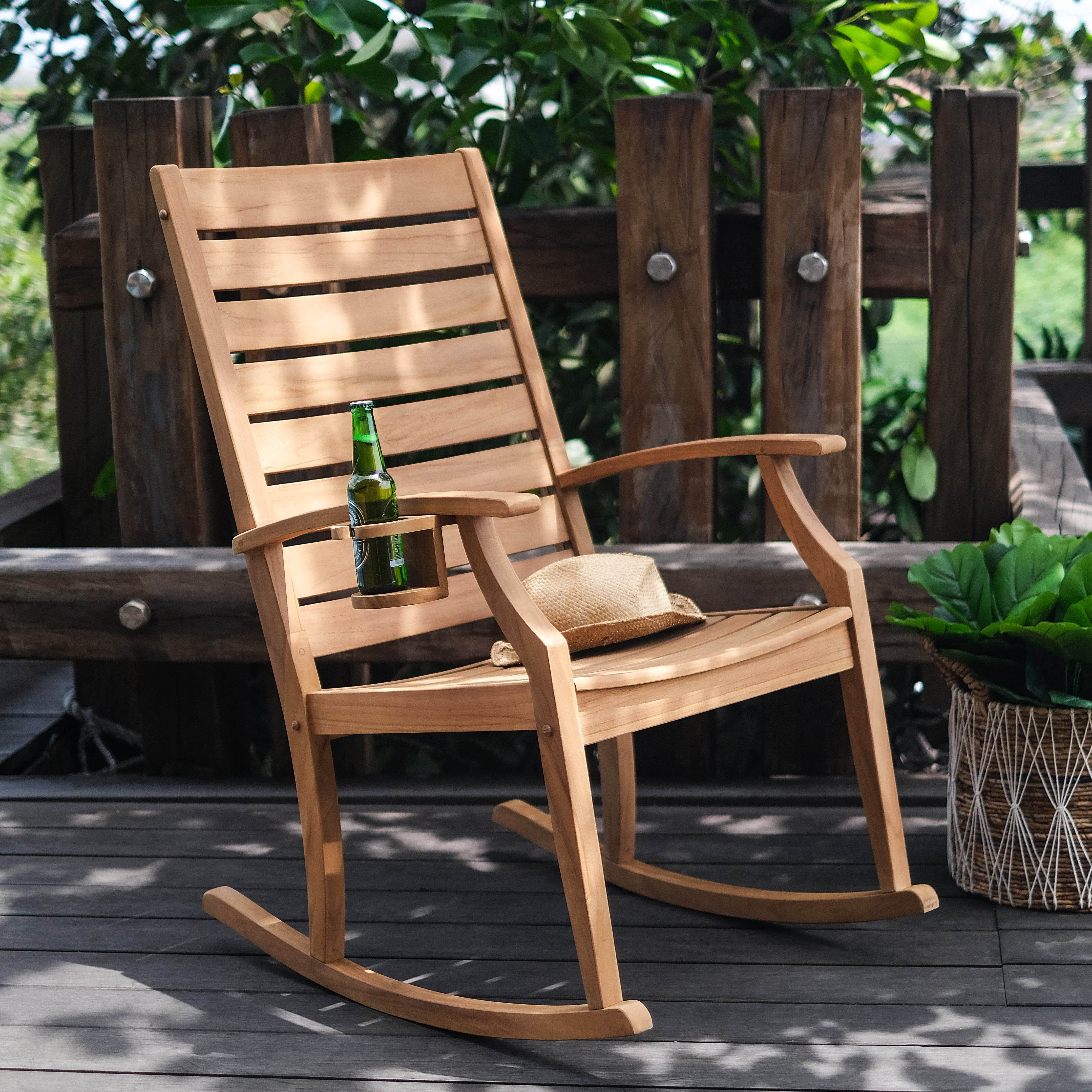 Logan Teak Wood Porch Rocking Chair with Cup Holder - Image 4