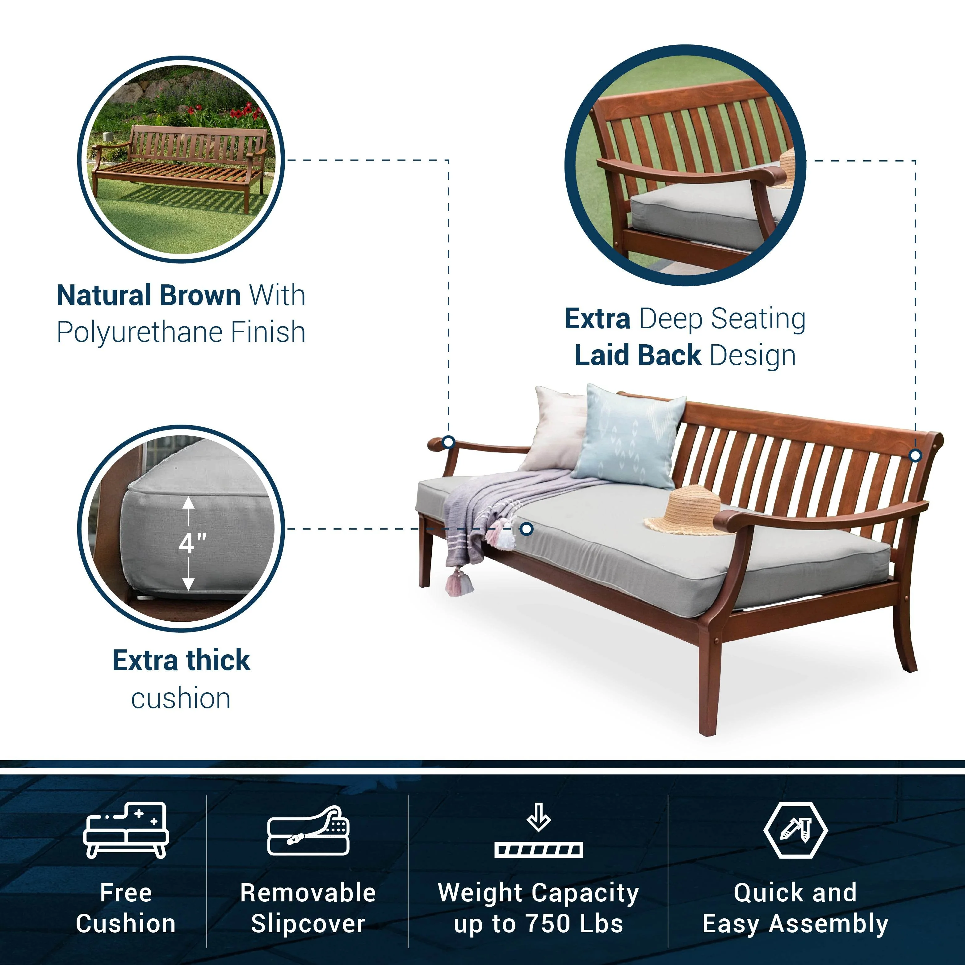 Maine Mahogany Wood Outdoor Sofa Daybed with Oyster Cushion - Image 5