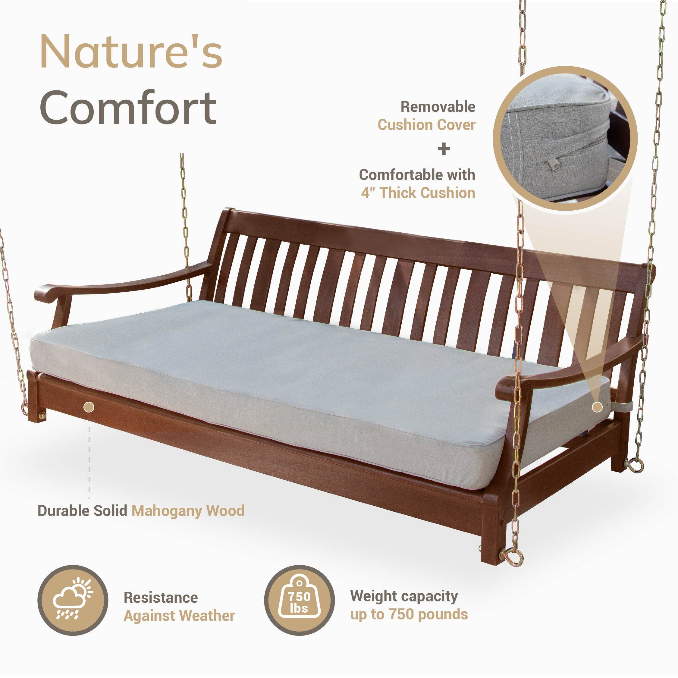 Maine Mahogany Wood Outdoor Swing Daybed with Oyster Cushion - Image 4