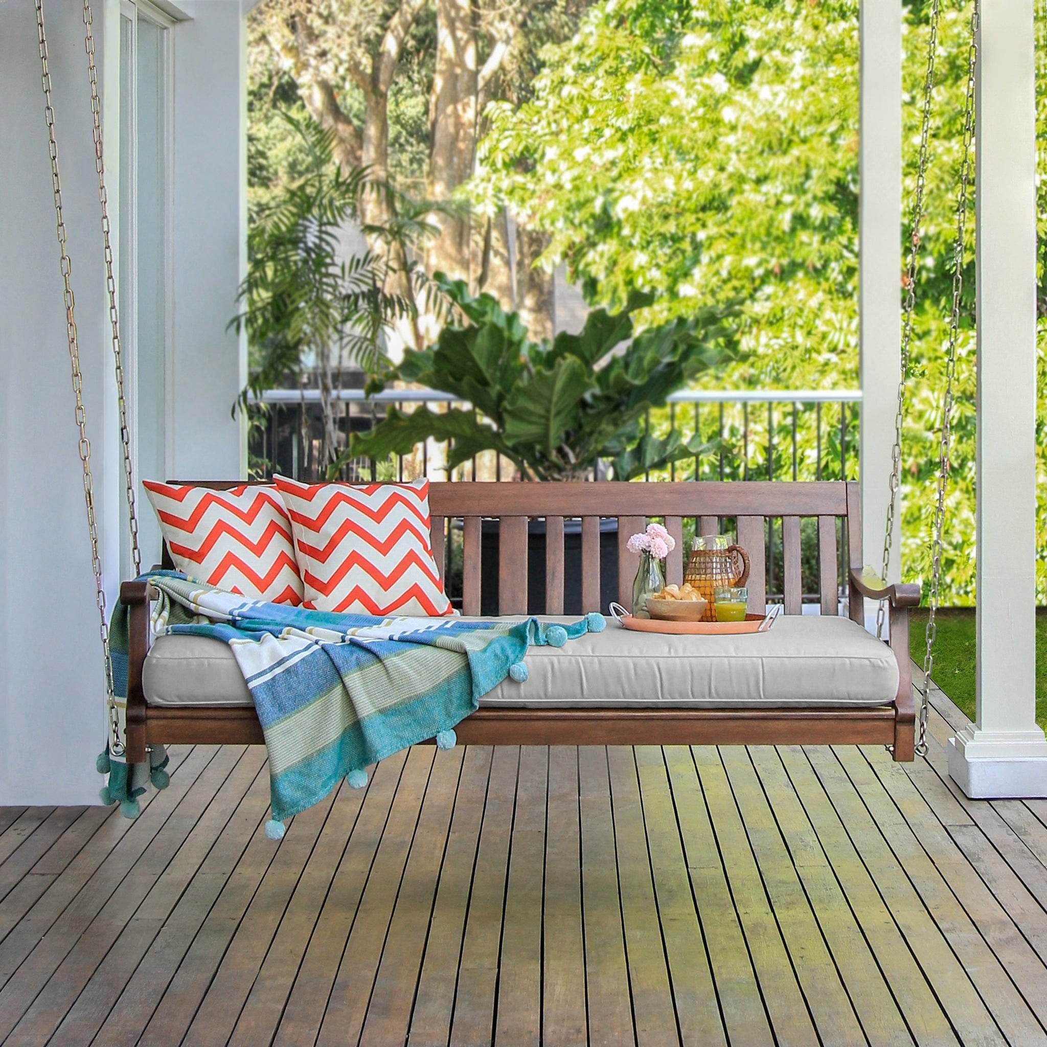 Maine Mahogany Wood Outdoor Swing Daybed with Oyster Cushion - Image 6