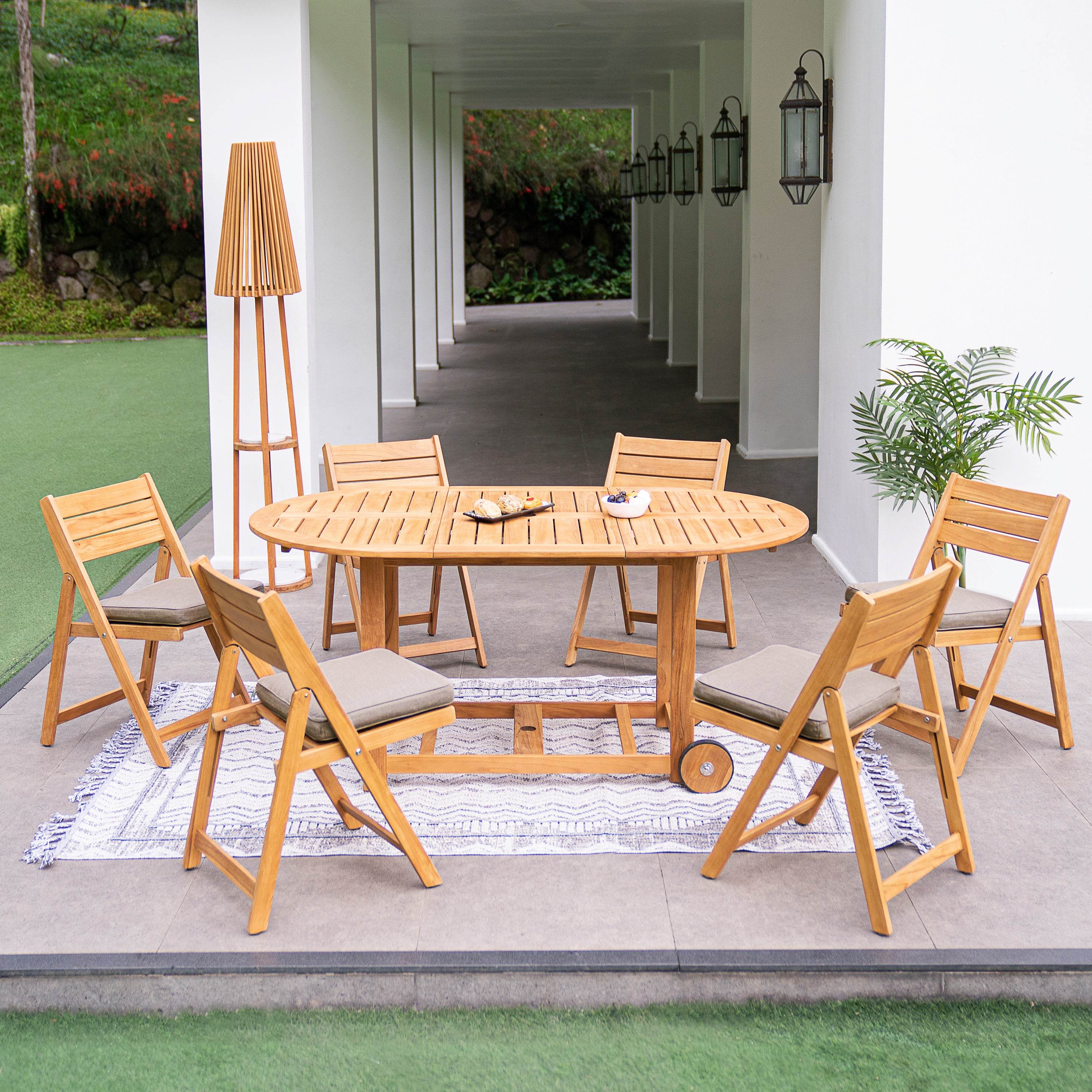 Miami 7 Pieces Teak Outdoor Folding Dining Set with Sunbrella Cast Shale Seatpad - Image 3