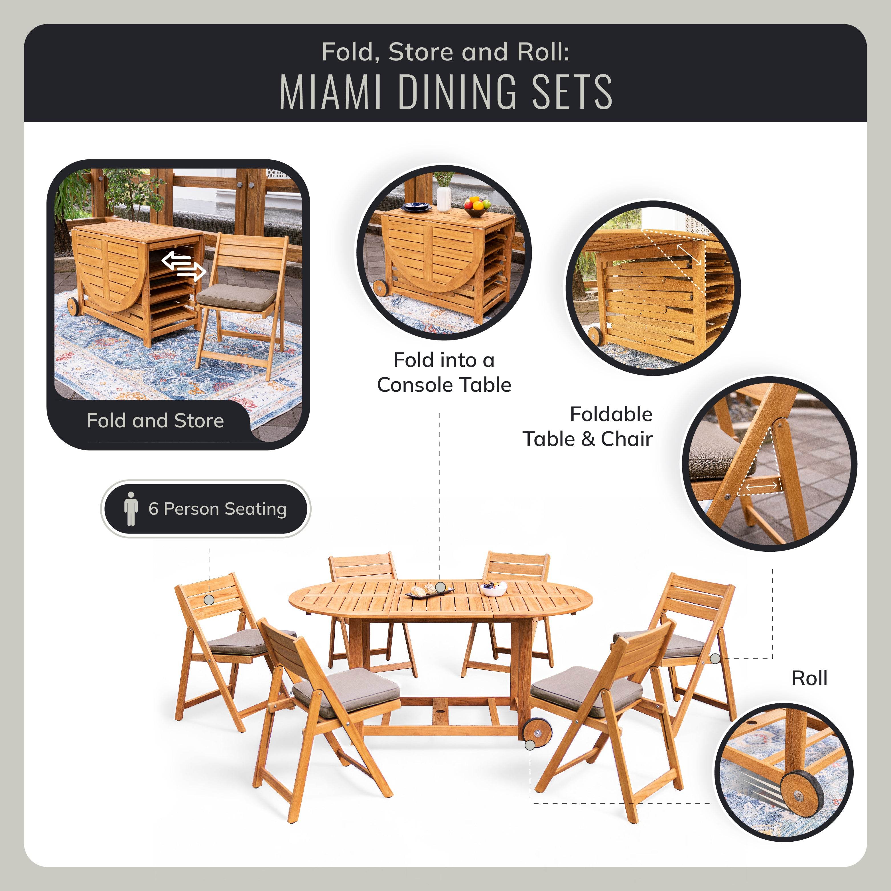 Miami 7 Pieces Teak Outdoor Folding Dining Set with Sunbrella Cast Shale Seatpad - Image 4