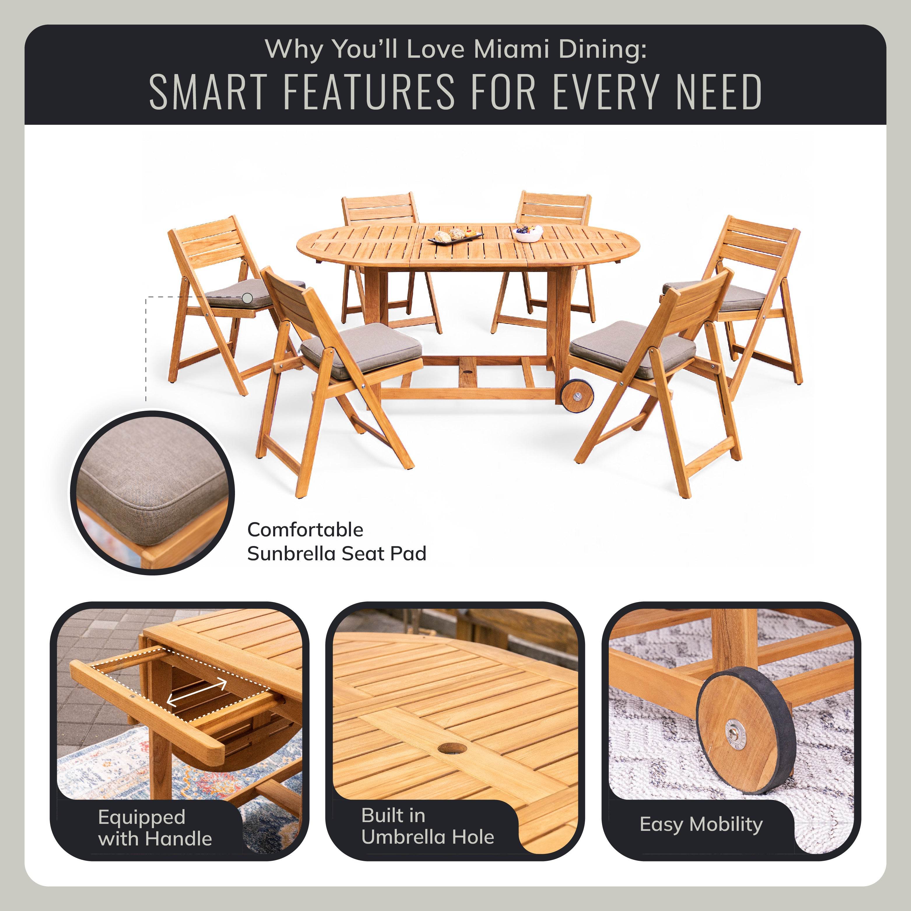 Miami 7 Pieces Teak Outdoor Folding Dining Set with Sunbrella Cast Shale Seatpad - Image 5