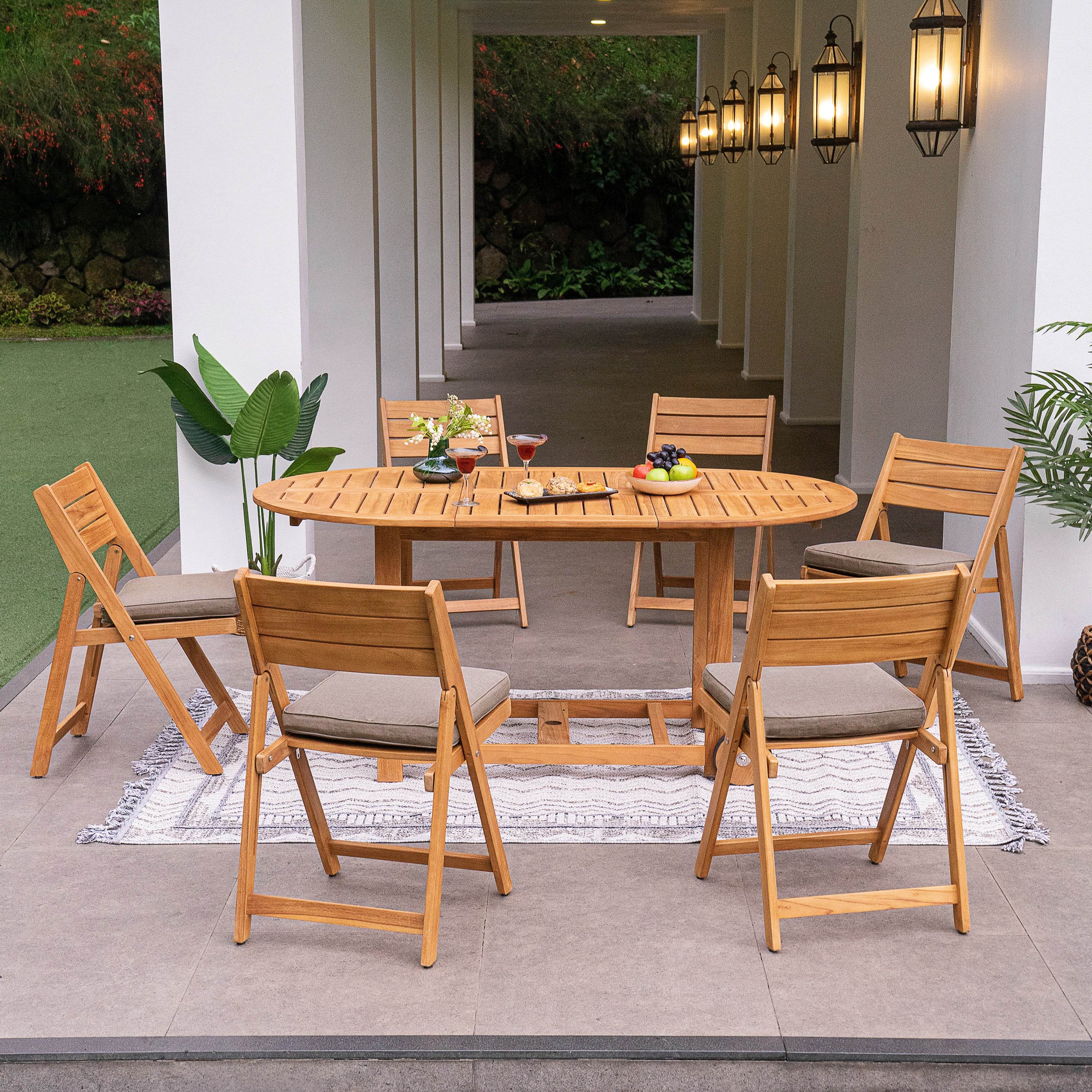 Miami 7 Pieces Teak Outdoor Folding Dining Set with Sunbrella Cast Shale Seatpad - Image 7