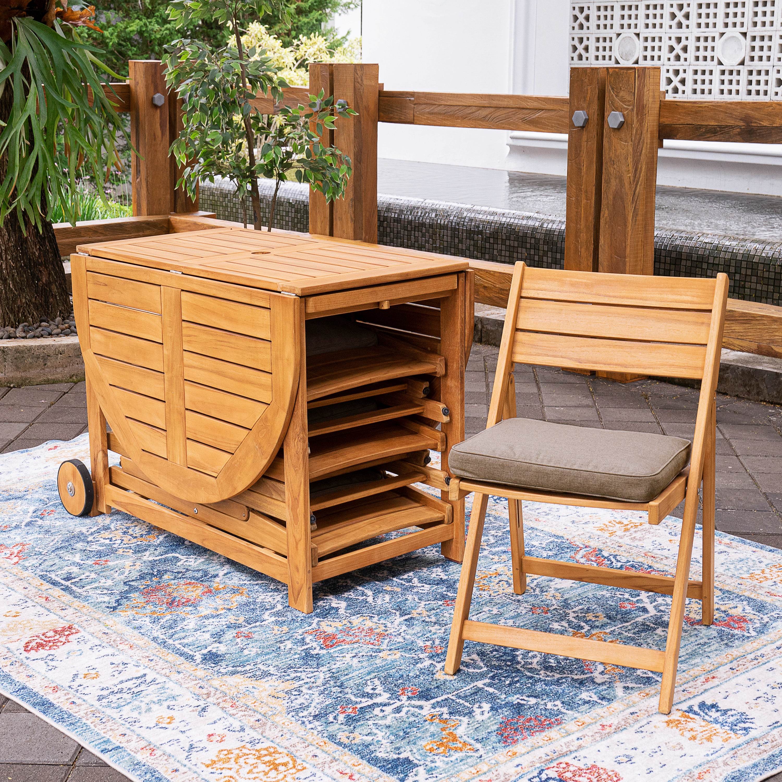 Miami 7 Pieces Teak Outdoor Folding Dining Set with Sunbrella Cast Shale Seatpad - Image 9