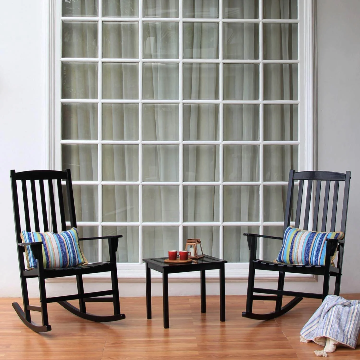 Moni 2 Piece Mahogany Wood Black Porch Rocking Chair - Image 3