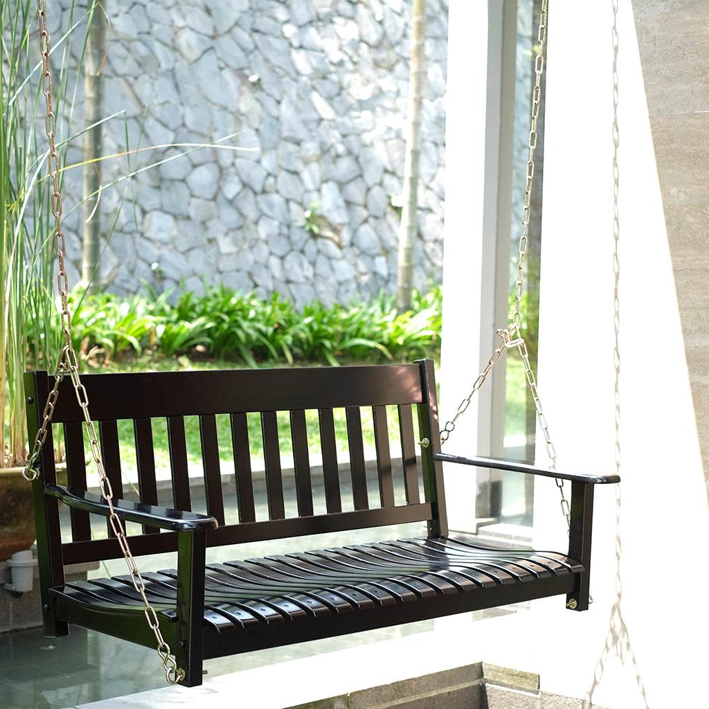 Moni Mahogany Wood Black Porch Swing - Image 4
