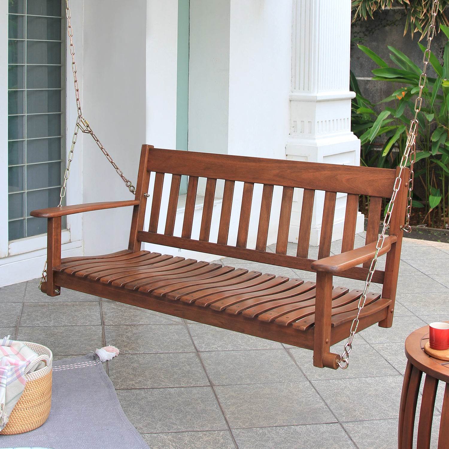 Moni Mahogany Wood Natural Brown Porch Swing - Image 4