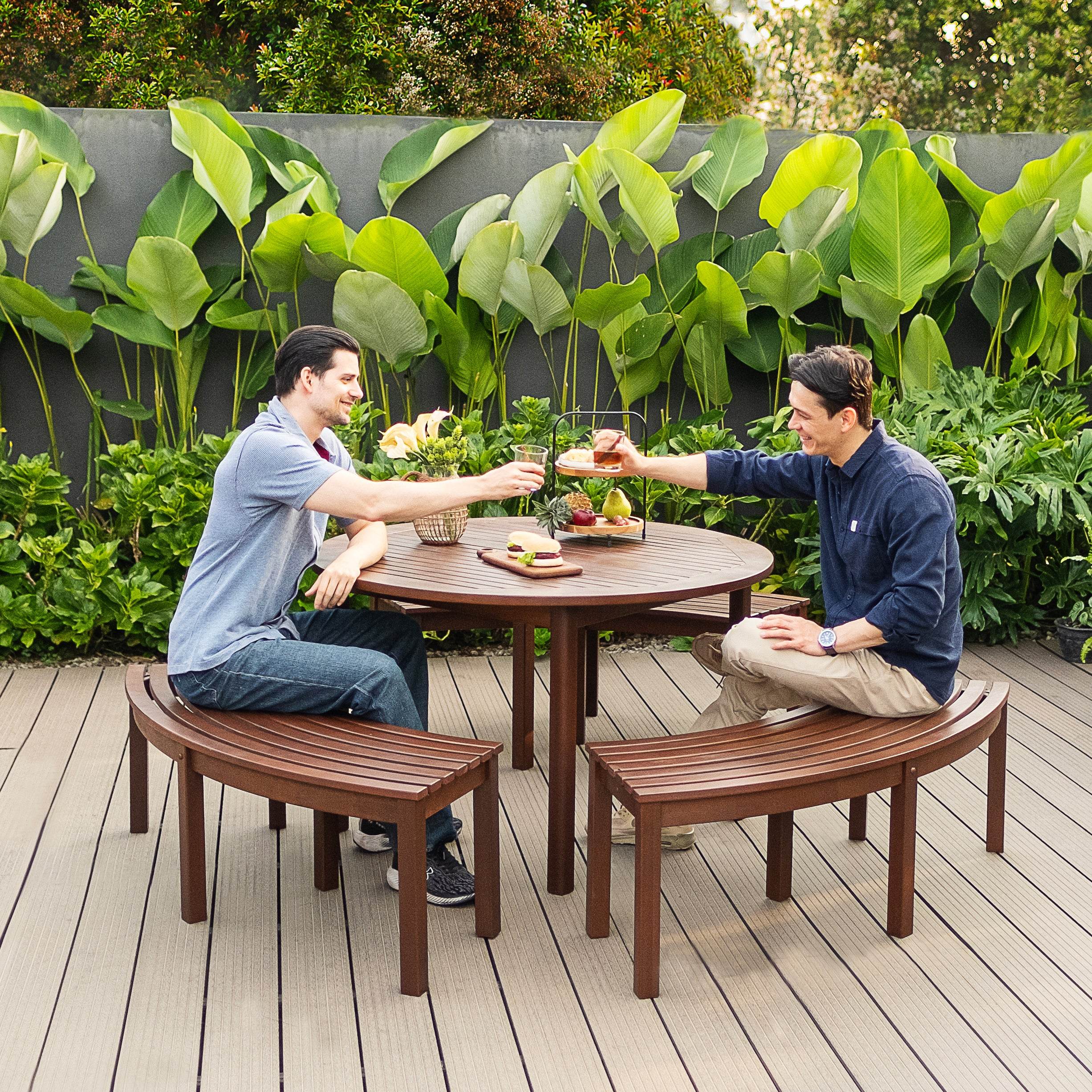 Moni Mahogany Wood Outdoor Curved Backless Bench - Image 3