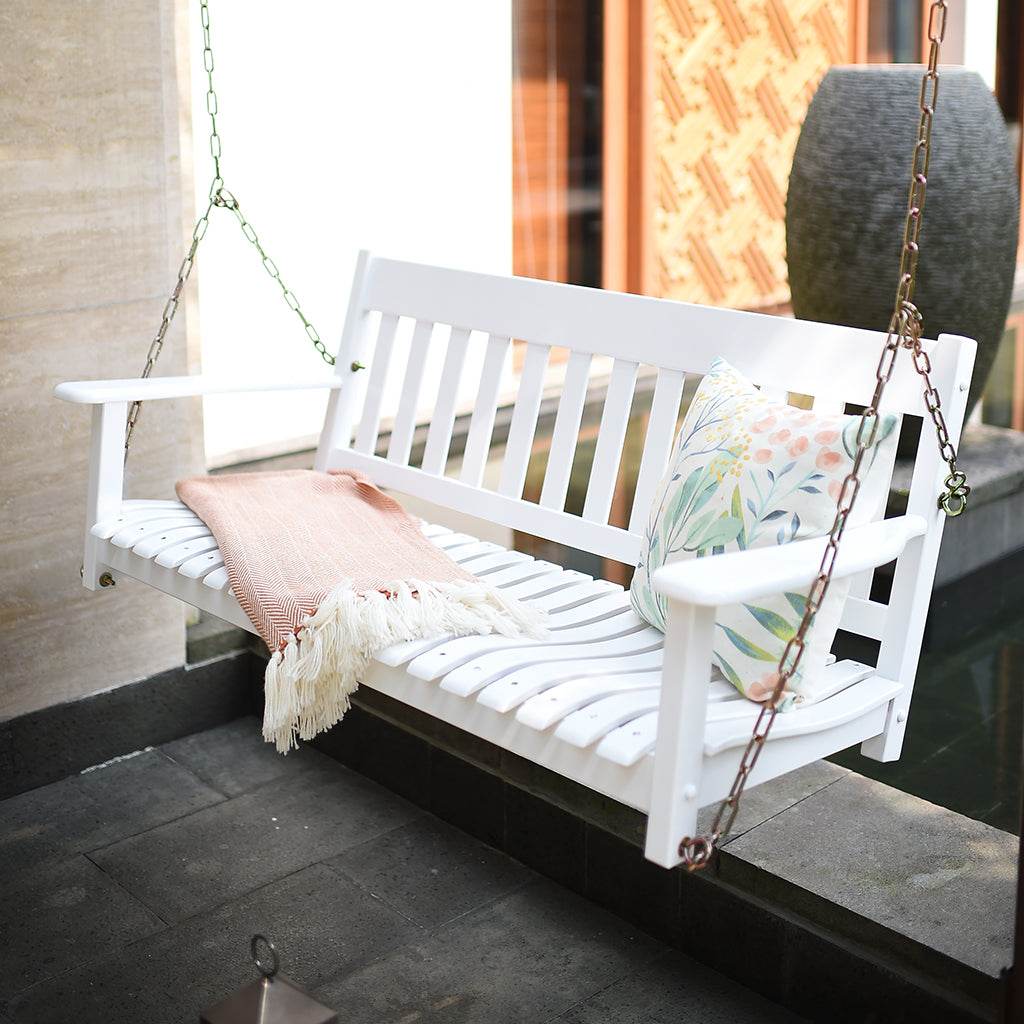 Moni Mahogany Wood White Porch Swing - Image 3