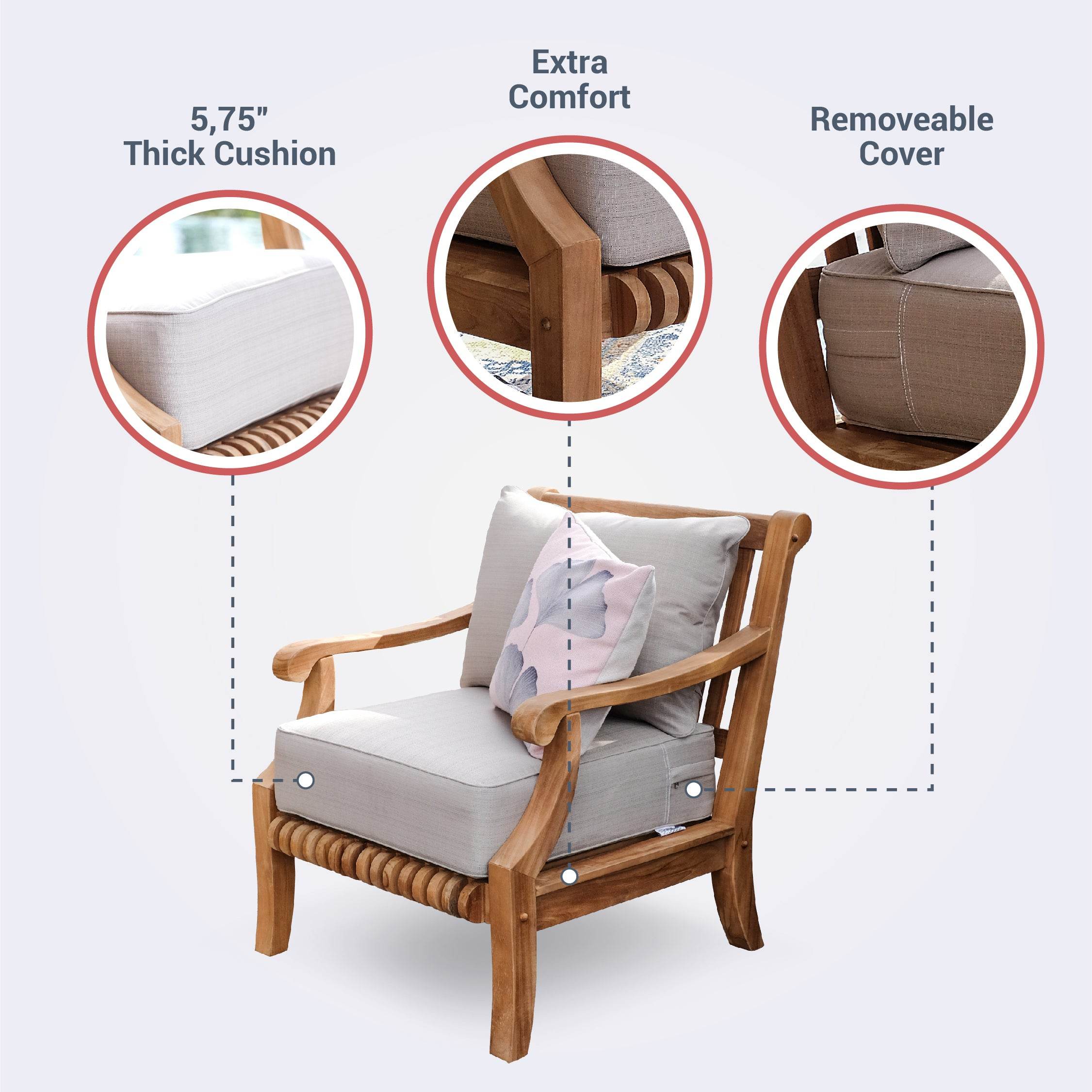 Mosko Teak Wood 3 Piece Patio Conversation Set with Beige Cushion - Image 4