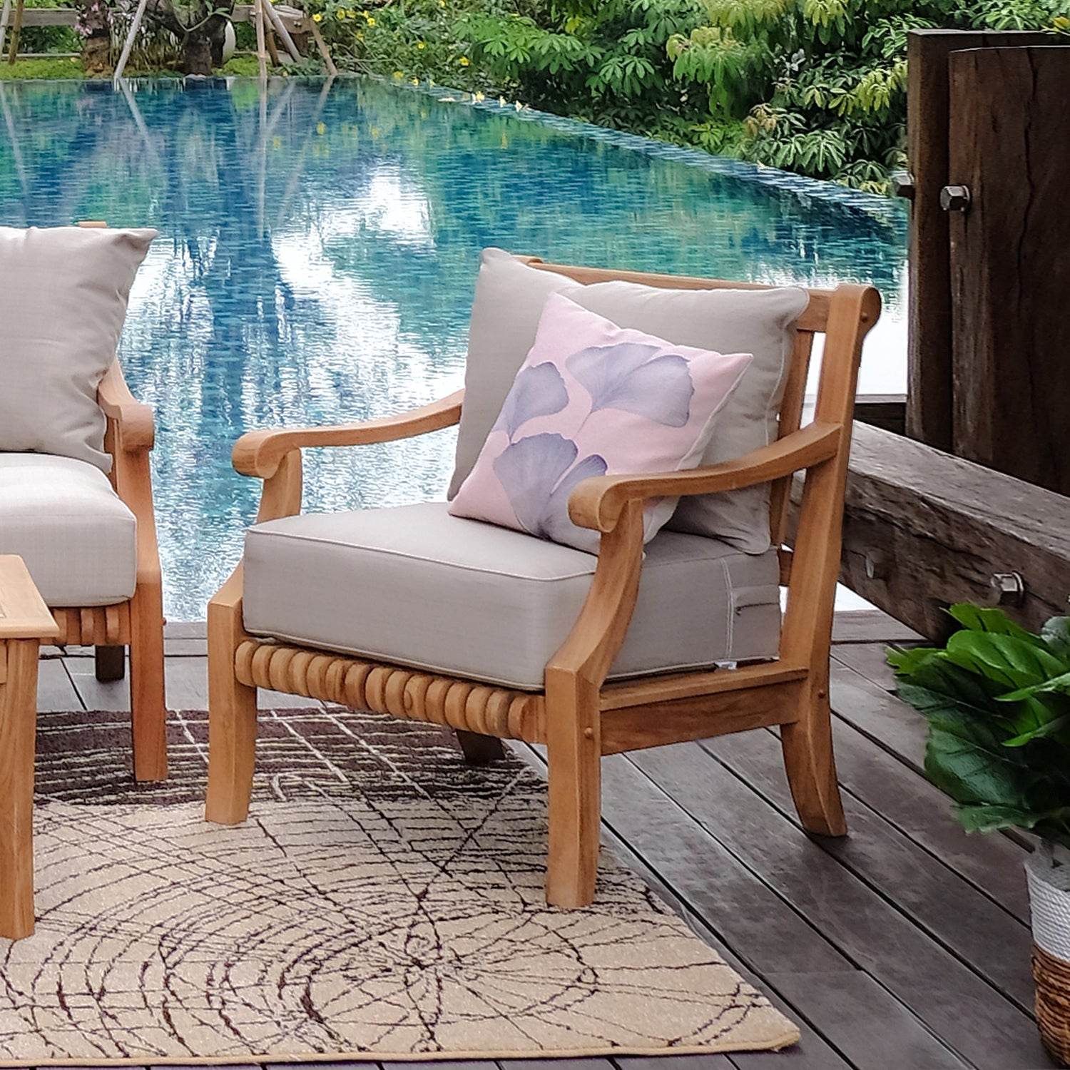 Mosko Teak Wood 3 Piece Patio Conversation Set with Beige Cushion - Image 8