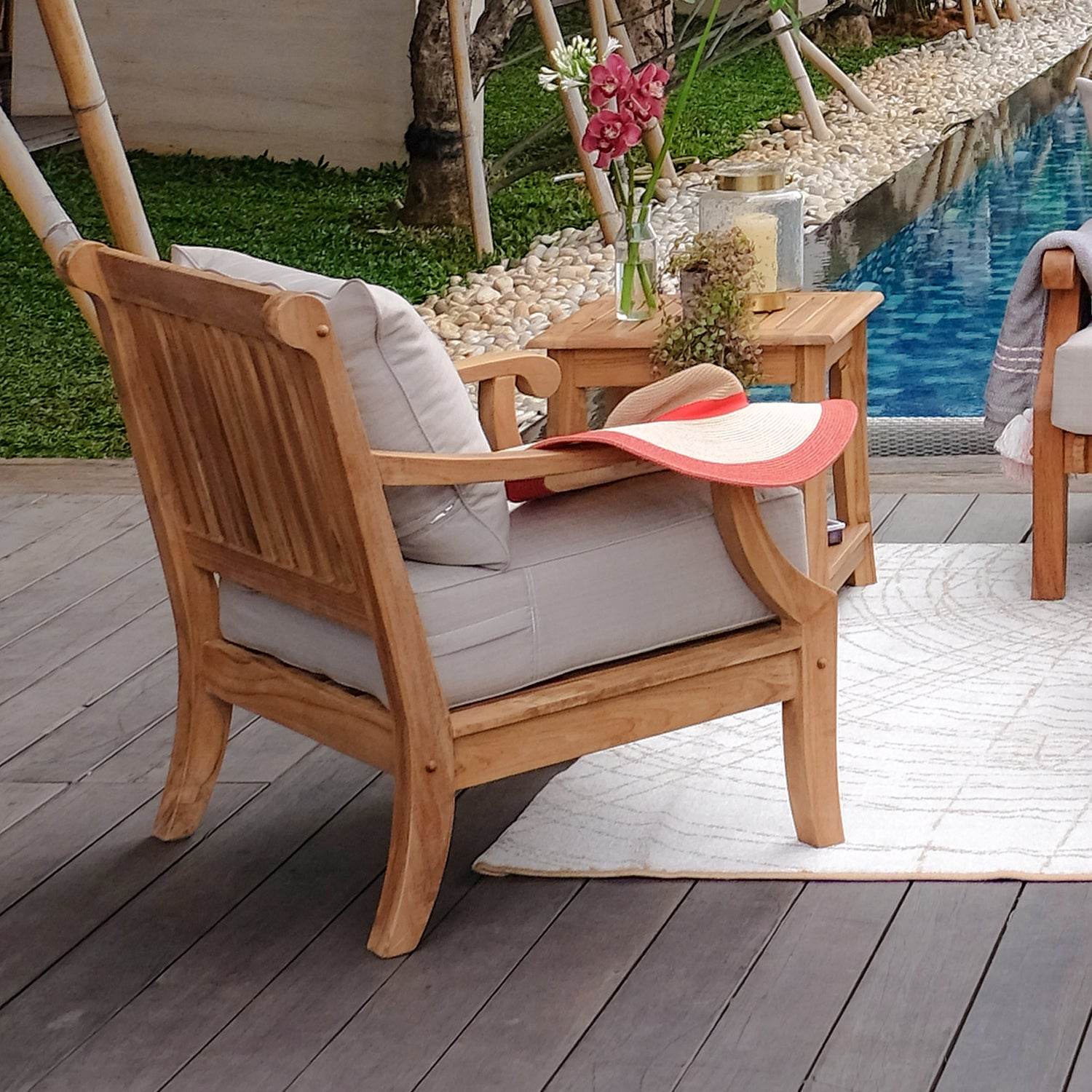 Mosko Teak Wood 3 Piece Patio Conversation Set with Beige Cushion - Image 9