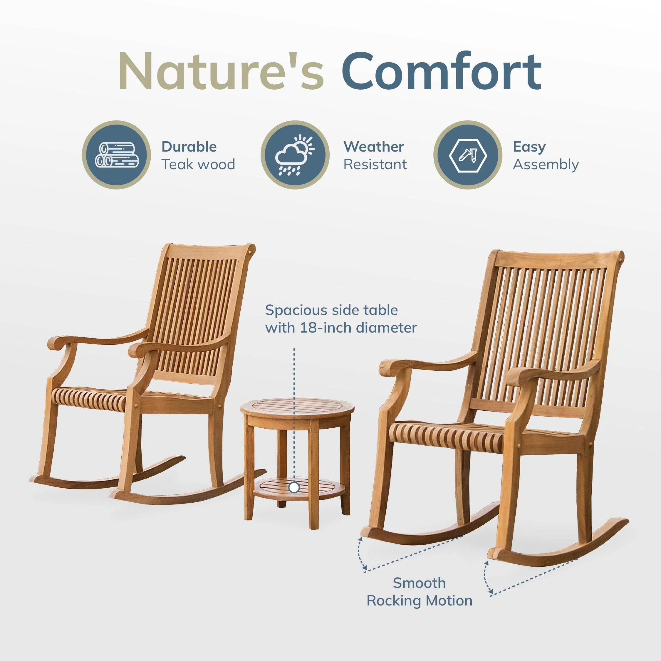 Mosko Teak Wood 3 Piece Patio Rocking Conversation Set - Image 5