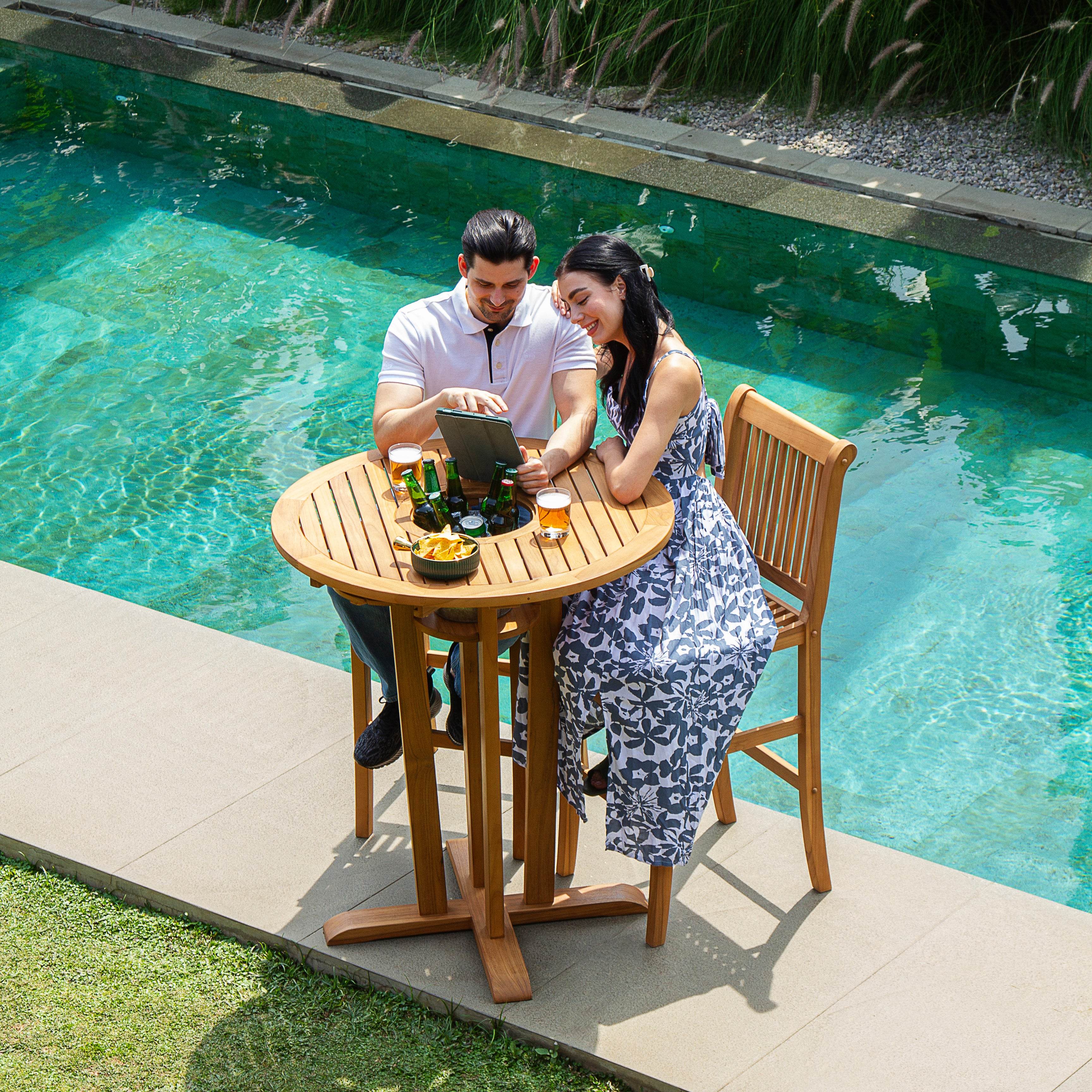 Mosko Teak Wood 3 Pieces Outdoor Bar Dining Set - Image 5