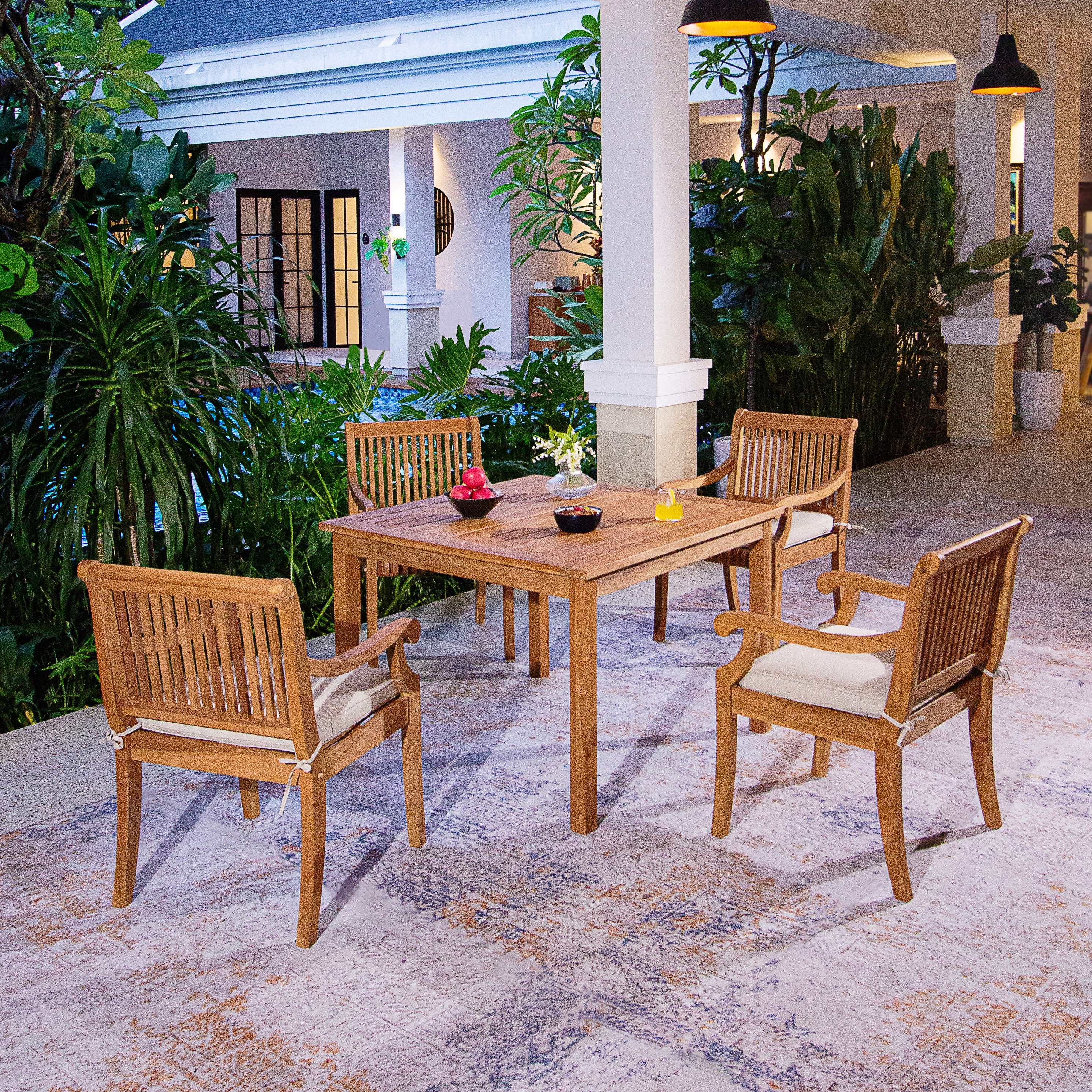 Mosko Teak Wood 5 Piece Outdoor Dining Set with Beige Seatpad - Image 2