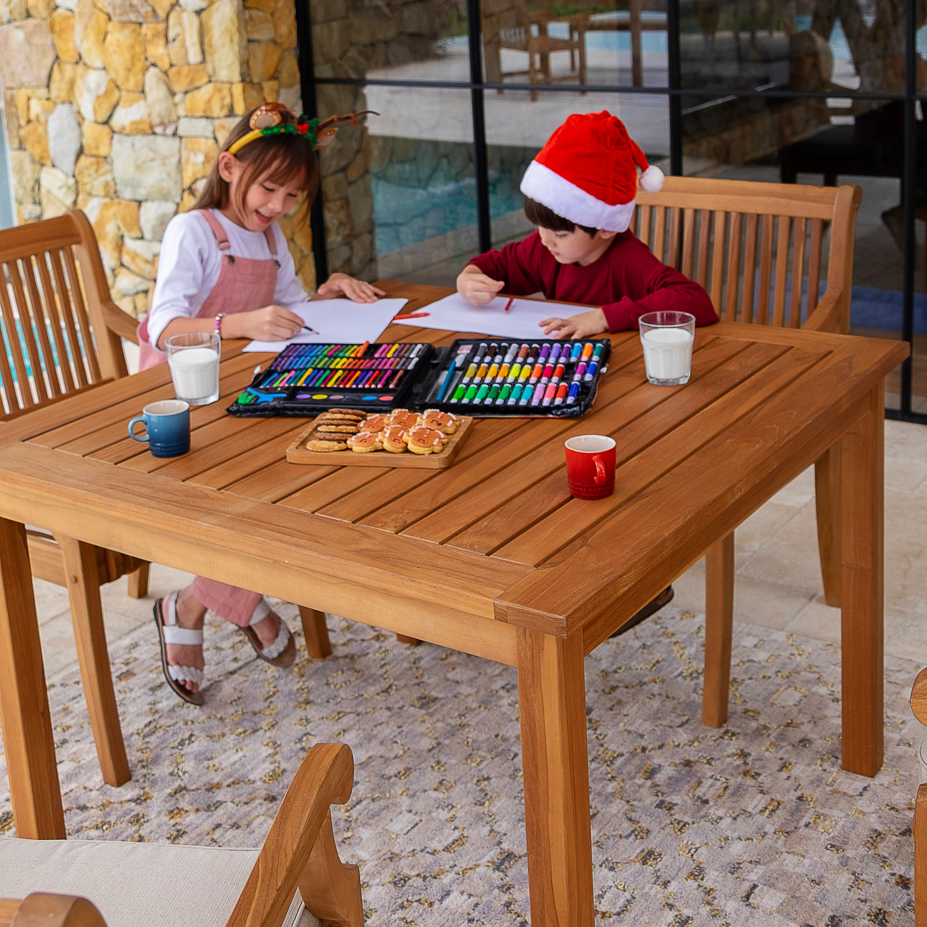 Mosko Teak Wood 5 Piece Outdoor Dining Set with Beige Seatpad - Image 3
