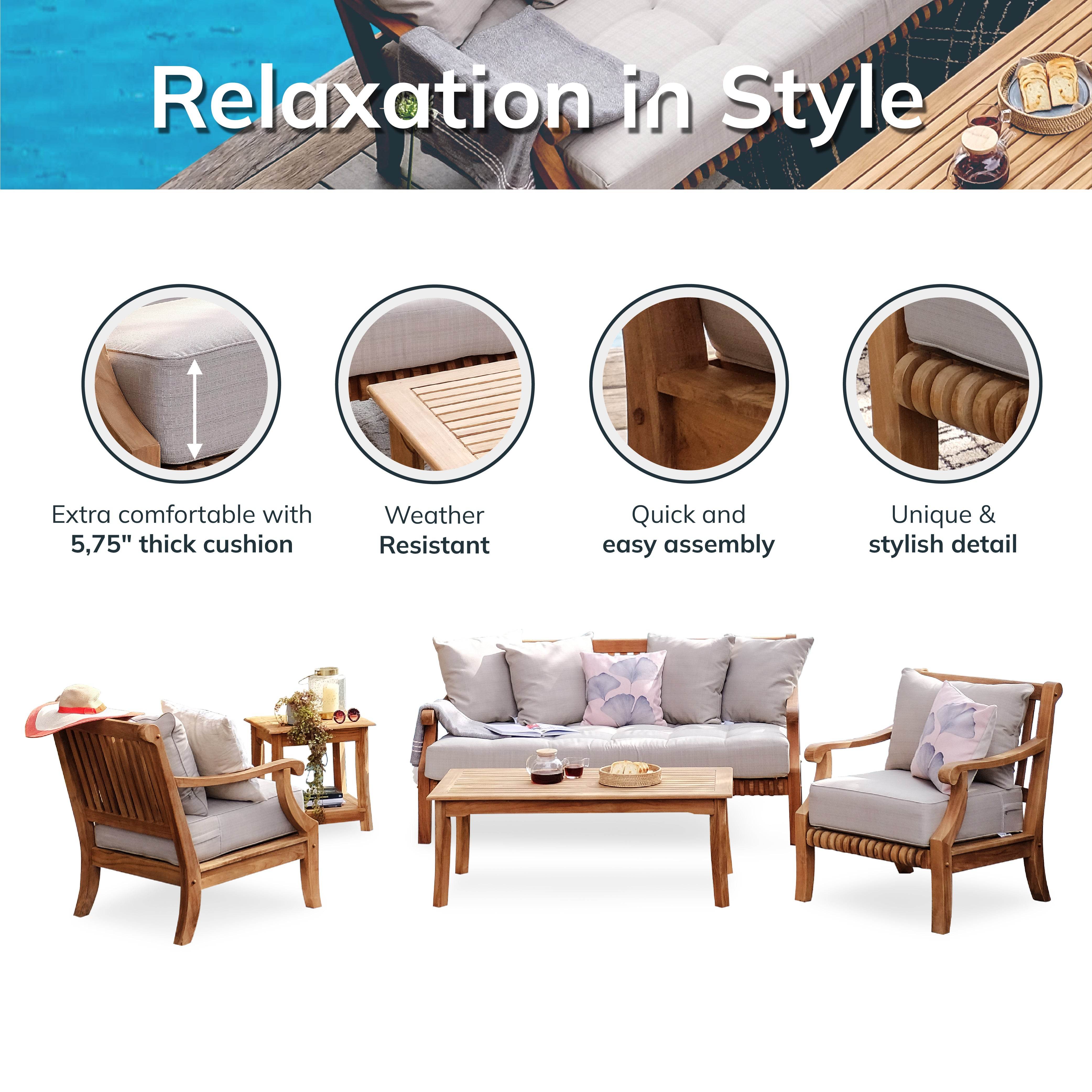 Mosko Teak Wood 5 Piece Patio Conversation Set with Beige Cushion - Image 4