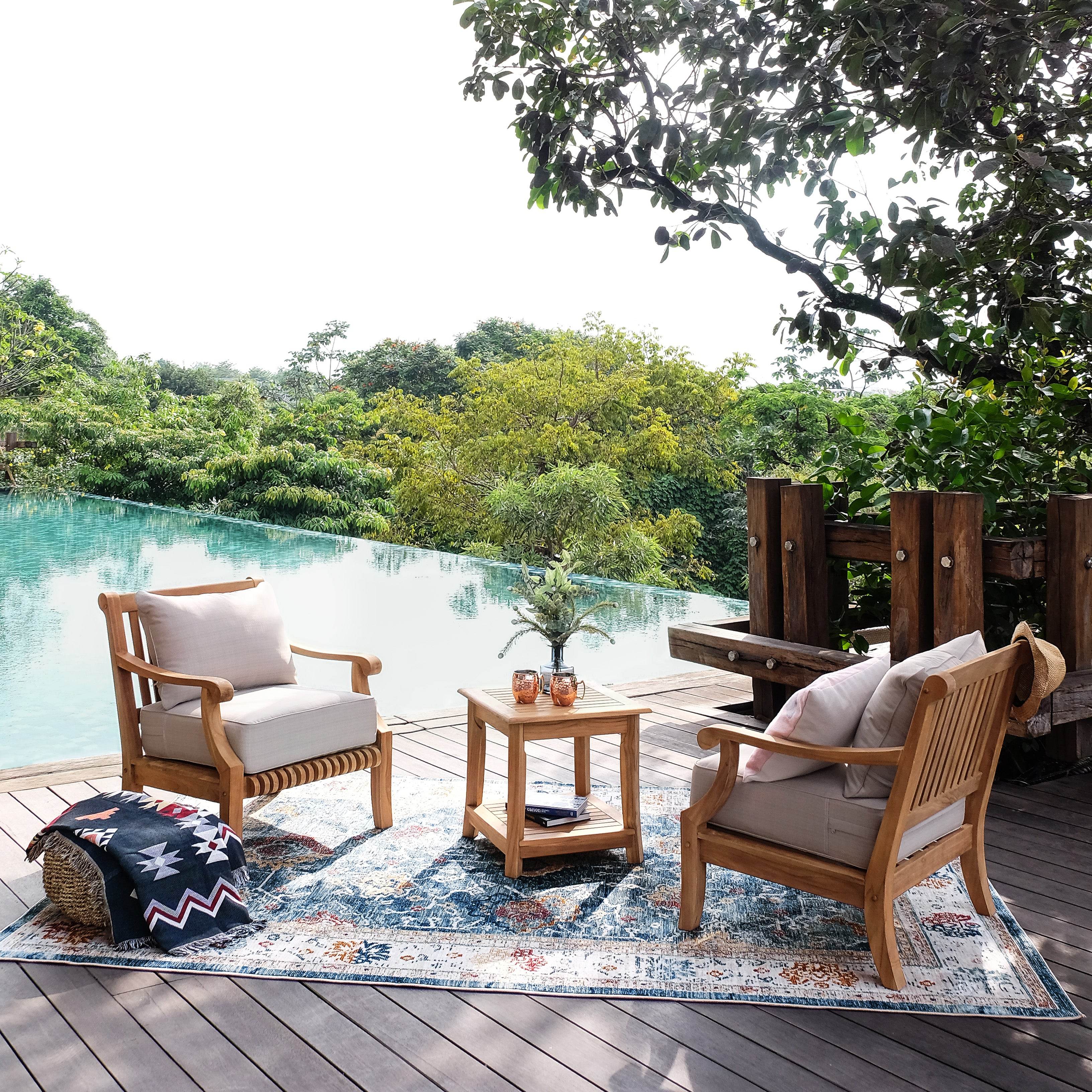 Mosko Teak Wood 5 Piece Patio Conversation Set with Beige Cushion - Image 7