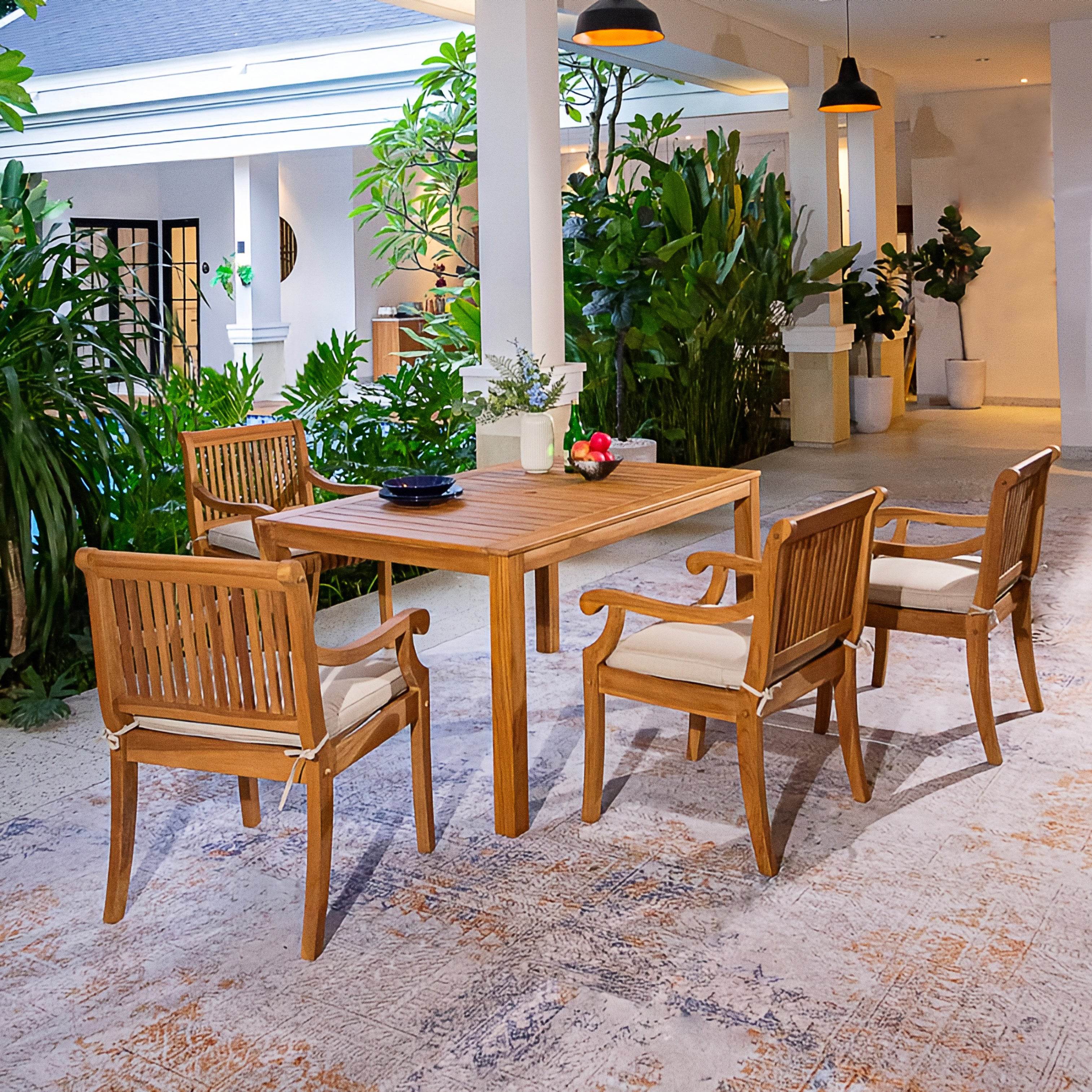 Mosko Teak Wood 5 Pieces Outdoor Dining Set with Beige Seatpad - Image 2