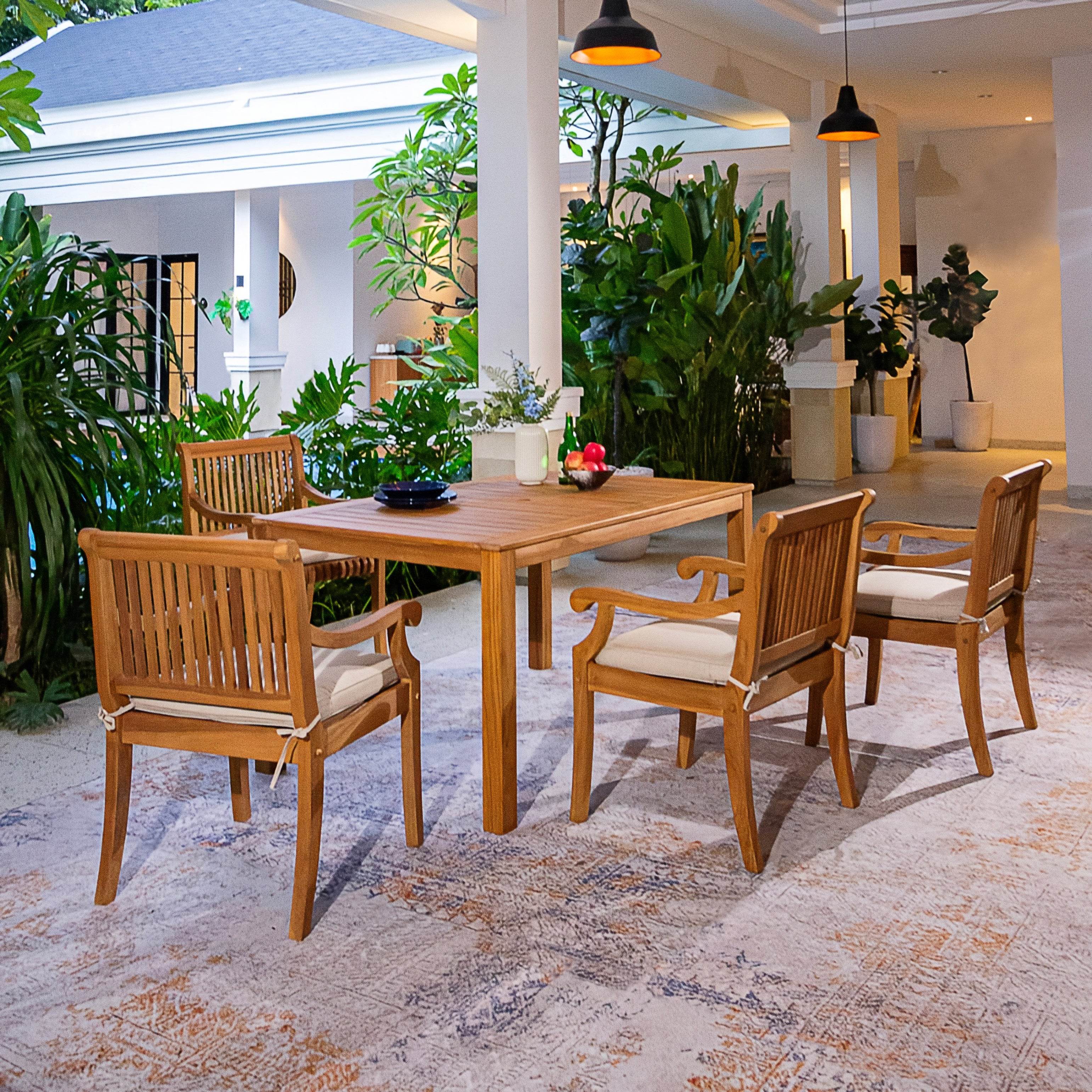 Mosko Teak Wood 5 Pieces Outdoor Dining Set with Beige Seatpad - Image 3