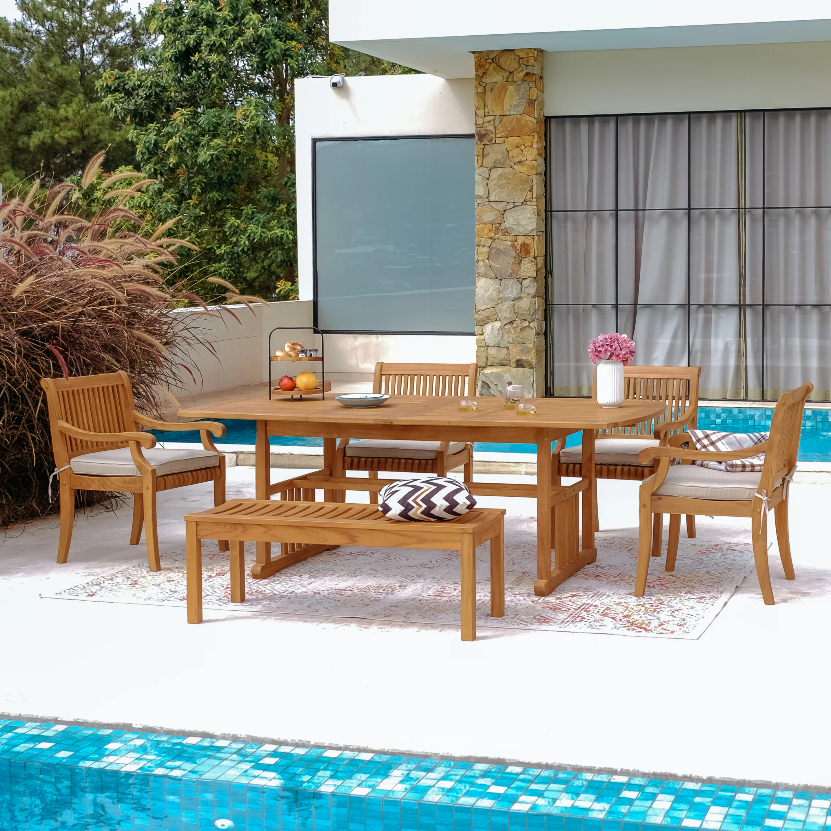 Mosko Teak Wood 6 Piece Outdoor Dining Set with Backless Bench - Image 2