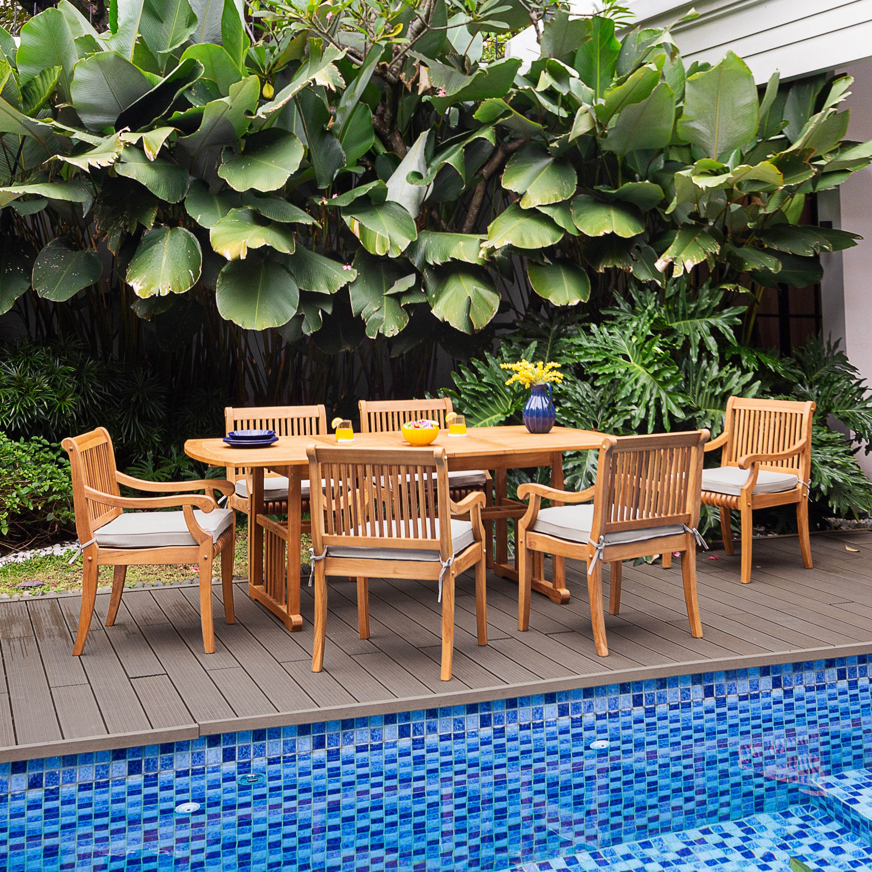 Mosko Teak Wood 7 Piece Outdoor Dining Set with Beige Seatpad - Image 2