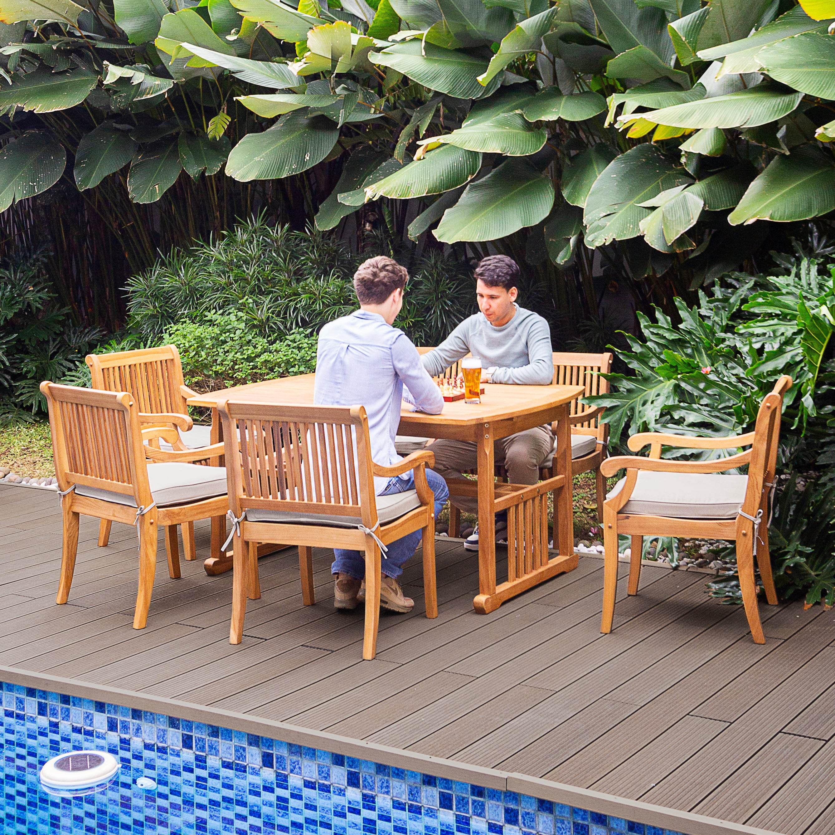 Mosko Teak Wood 7 Piece Outdoor Dining Set with Beige Seatpad - Image 3