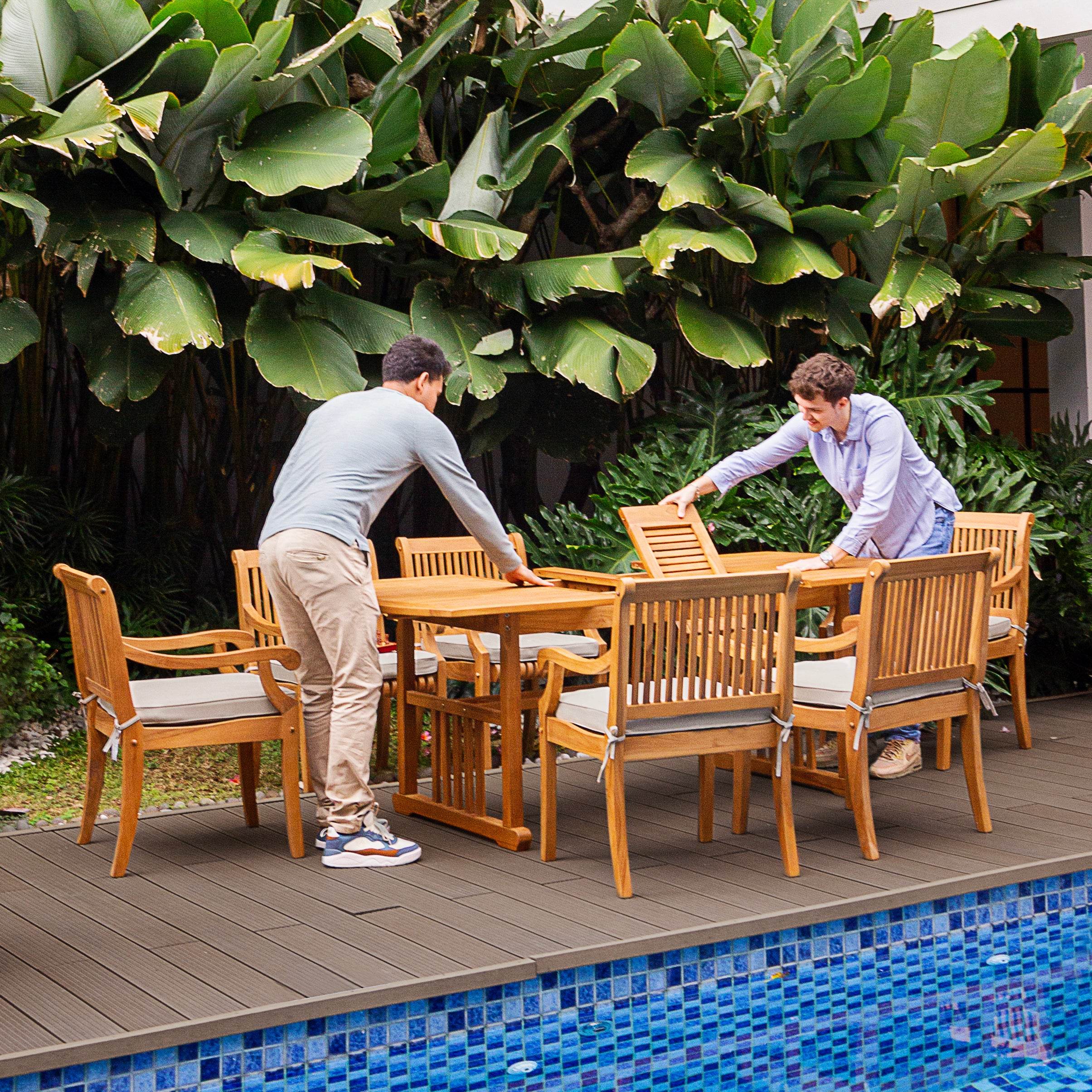 Mosko Teak Wood 7 Piece Outdoor Dining Set with Beige Seatpad - Image 6