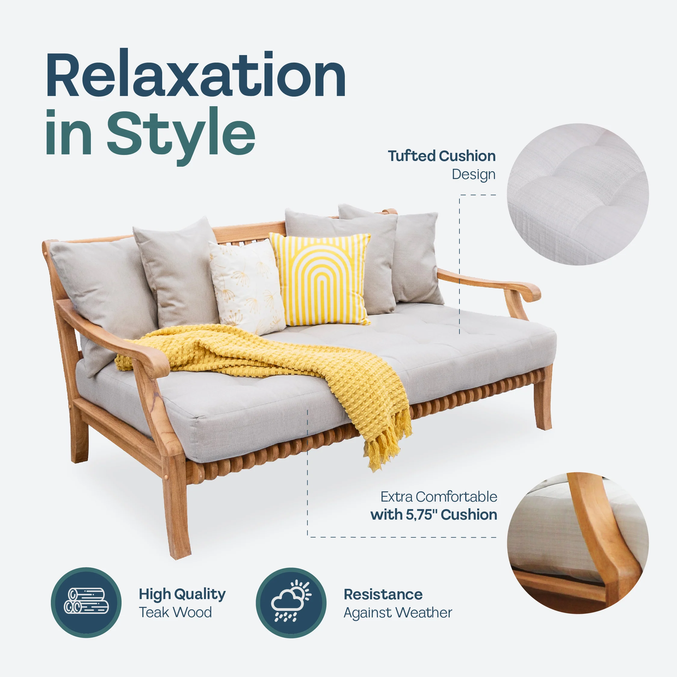 Mosko Teak Wood Outdoor Daybed with Beige Cushion - Image 4