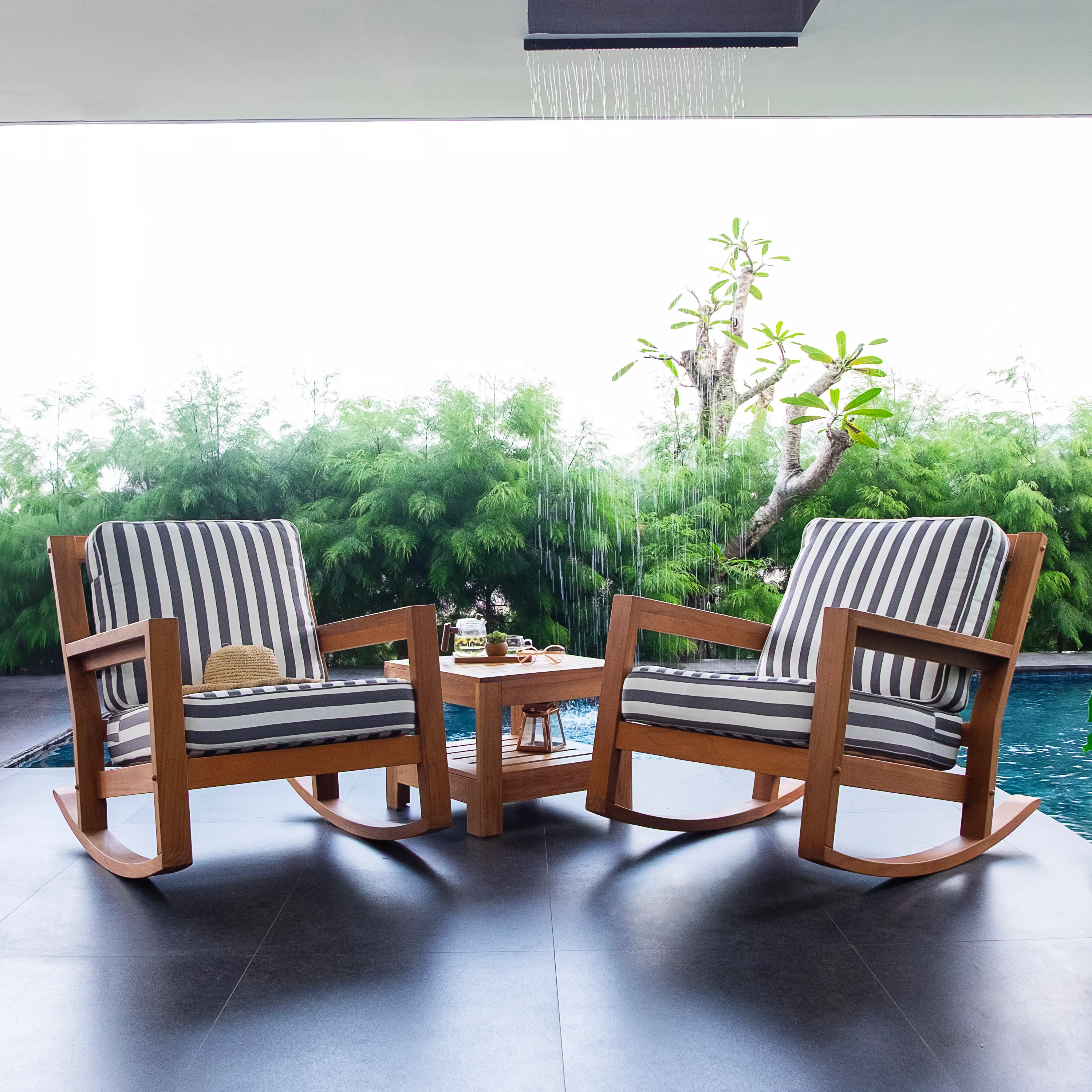 Napa Teak Wood 3 Piece Patio Rocking Chair with Stripe White Gray Cushion - Image 10
