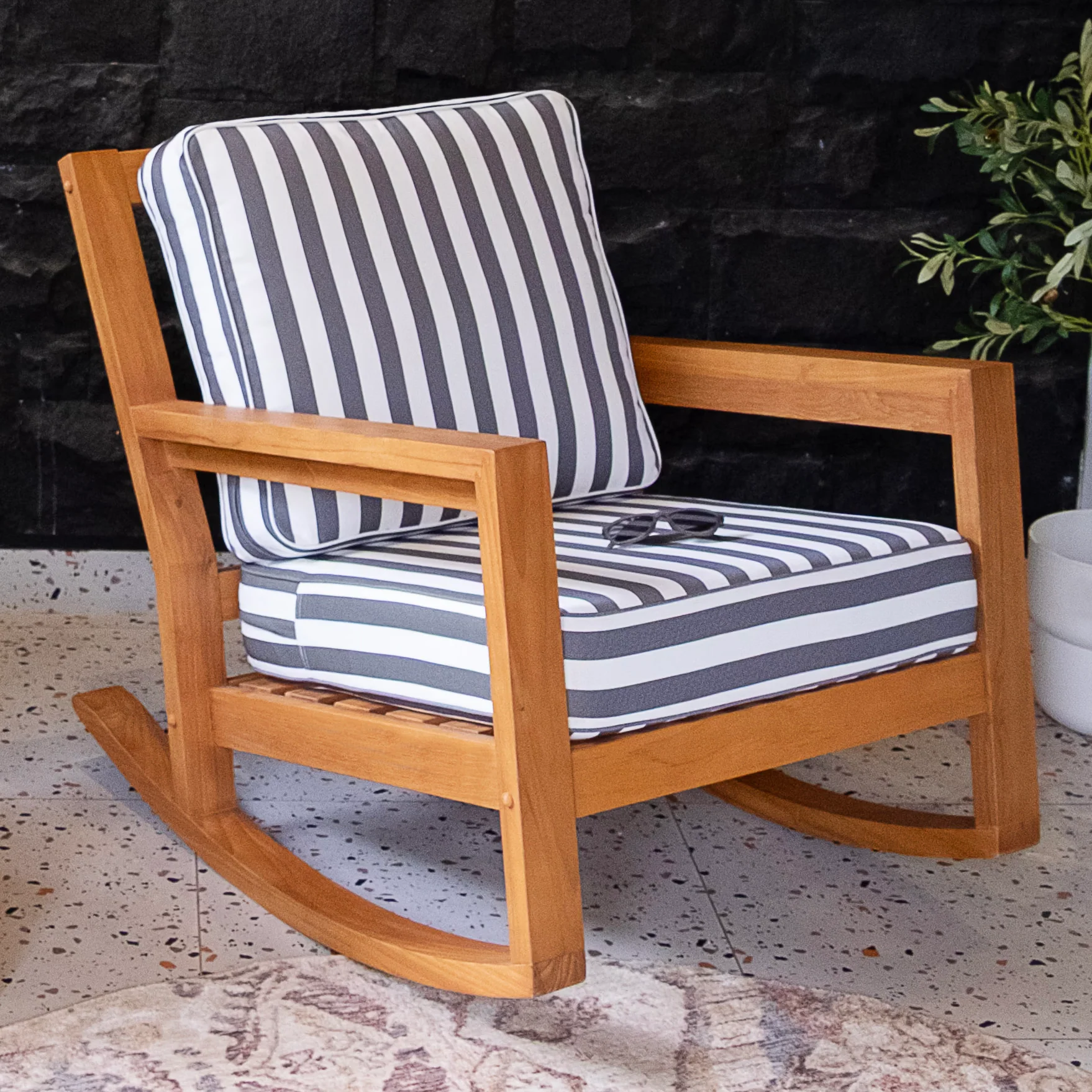 Napa Teak Wood 3 Piece Patio Rocking Chair with Stripe White Gray Cushion - Image 12