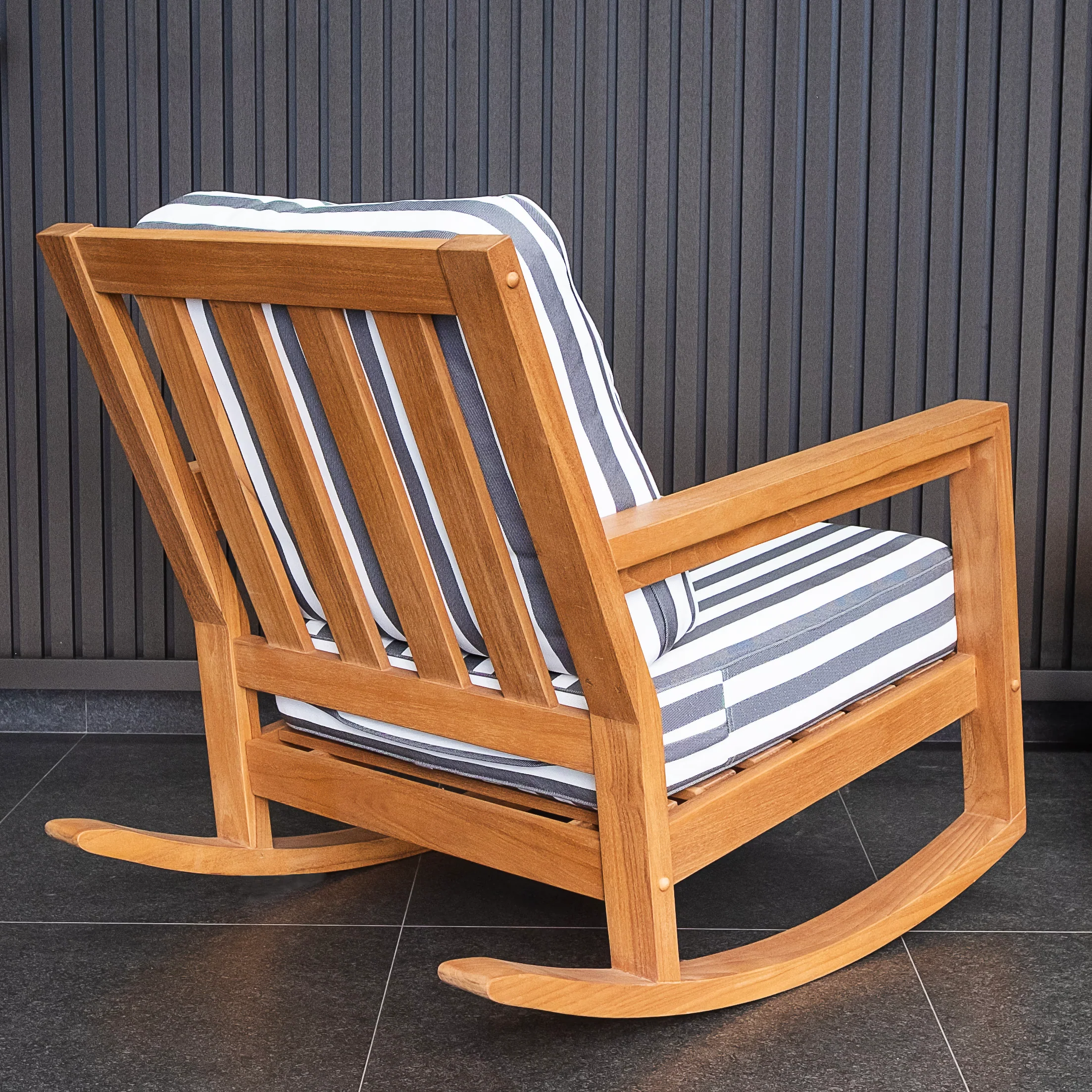 Napa Teak Wood 3 Piece Patio Rocking Chair with Stripe White Gray Cushion - Image 15