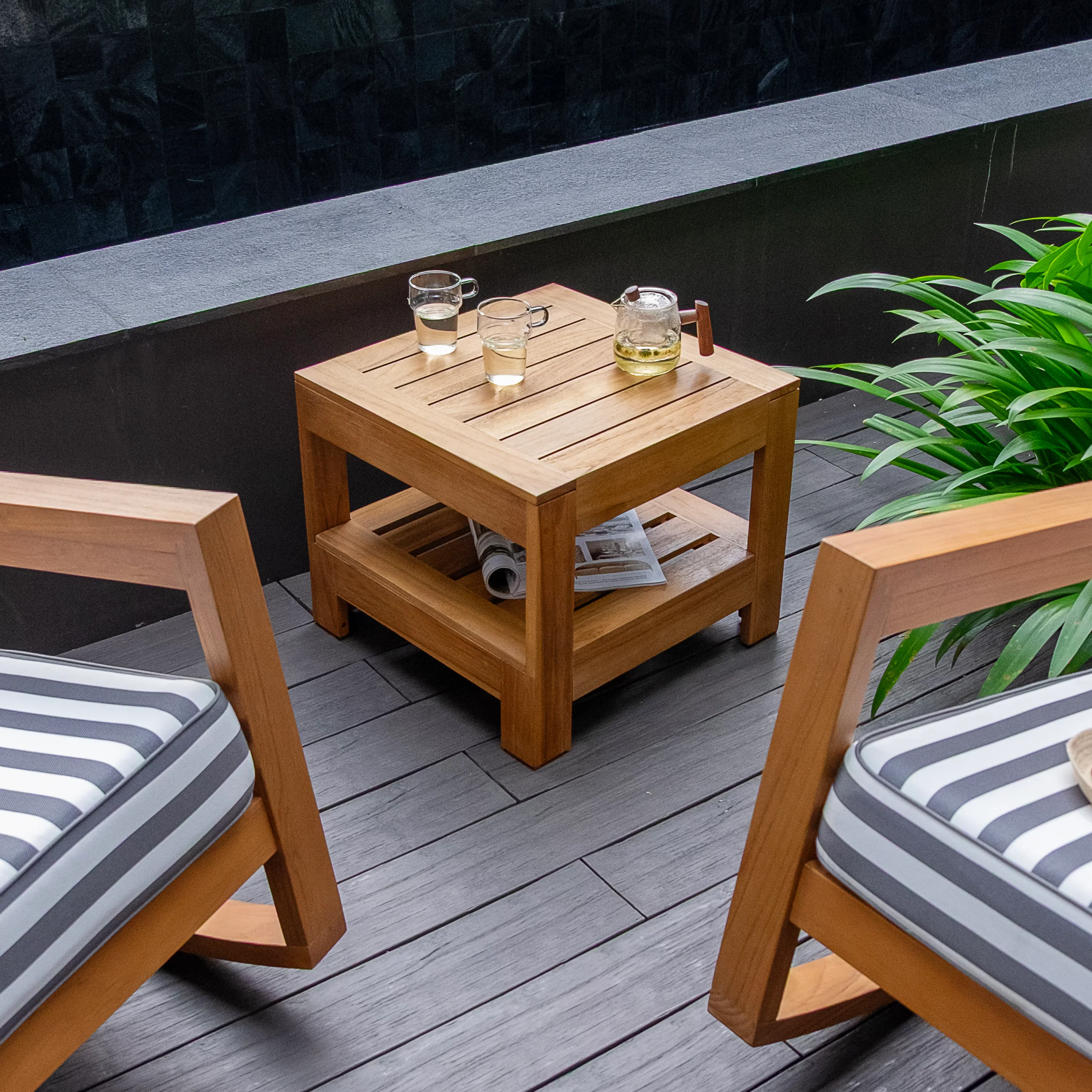 Napa Teak Wood 3 Piece Patio Rocking Chair with Stripe White Gray Cushion - Image 21