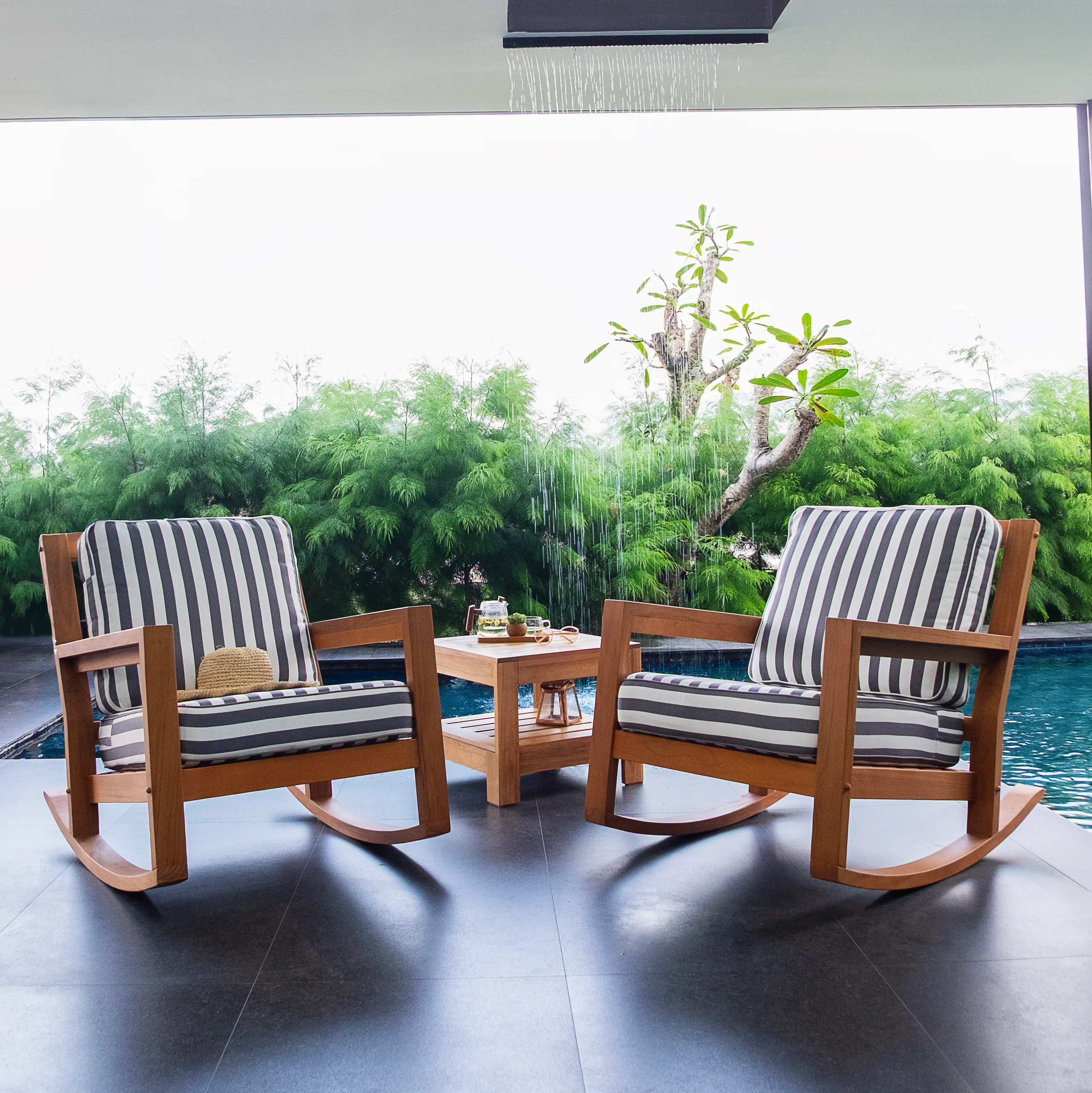 Napa Teak Wood 3 Piece Patio Rocking Chair with Stripe White Gray Cushion - Image 4