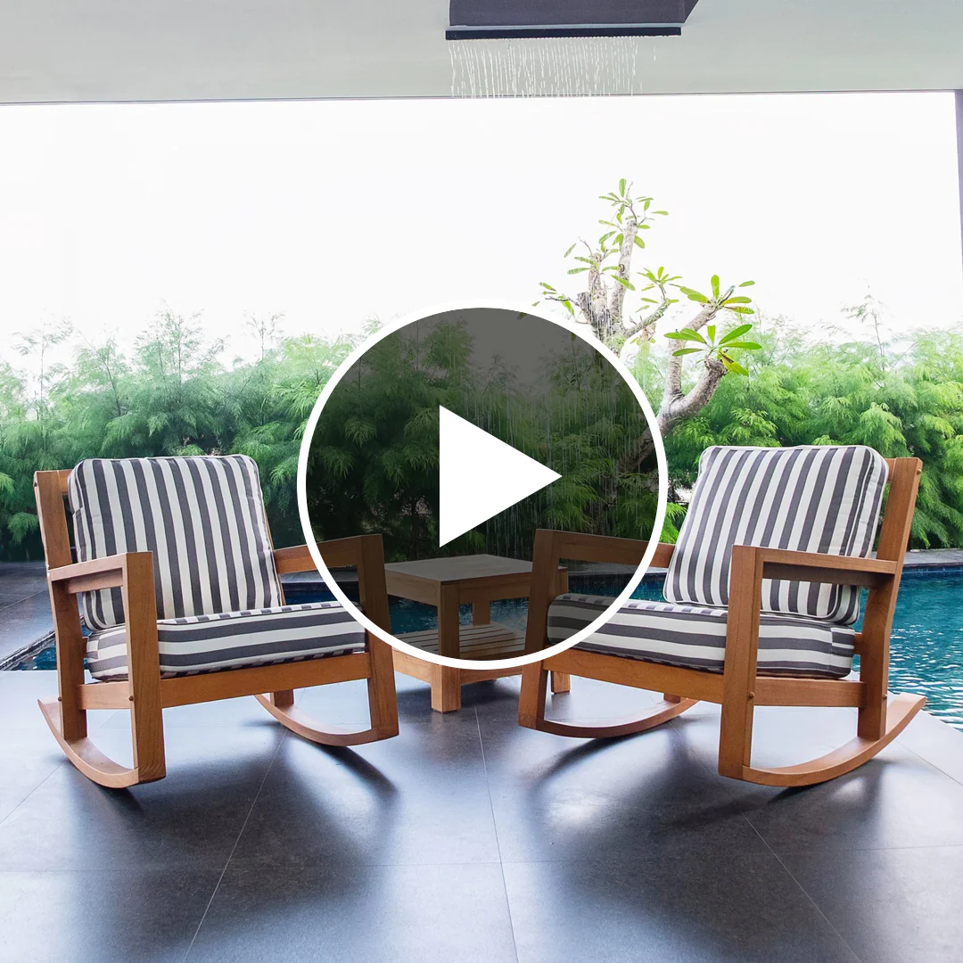 Napa Teak Wood 3 Piece Patio Rocking Chair with Stripe White Gray Cushion - Image 5