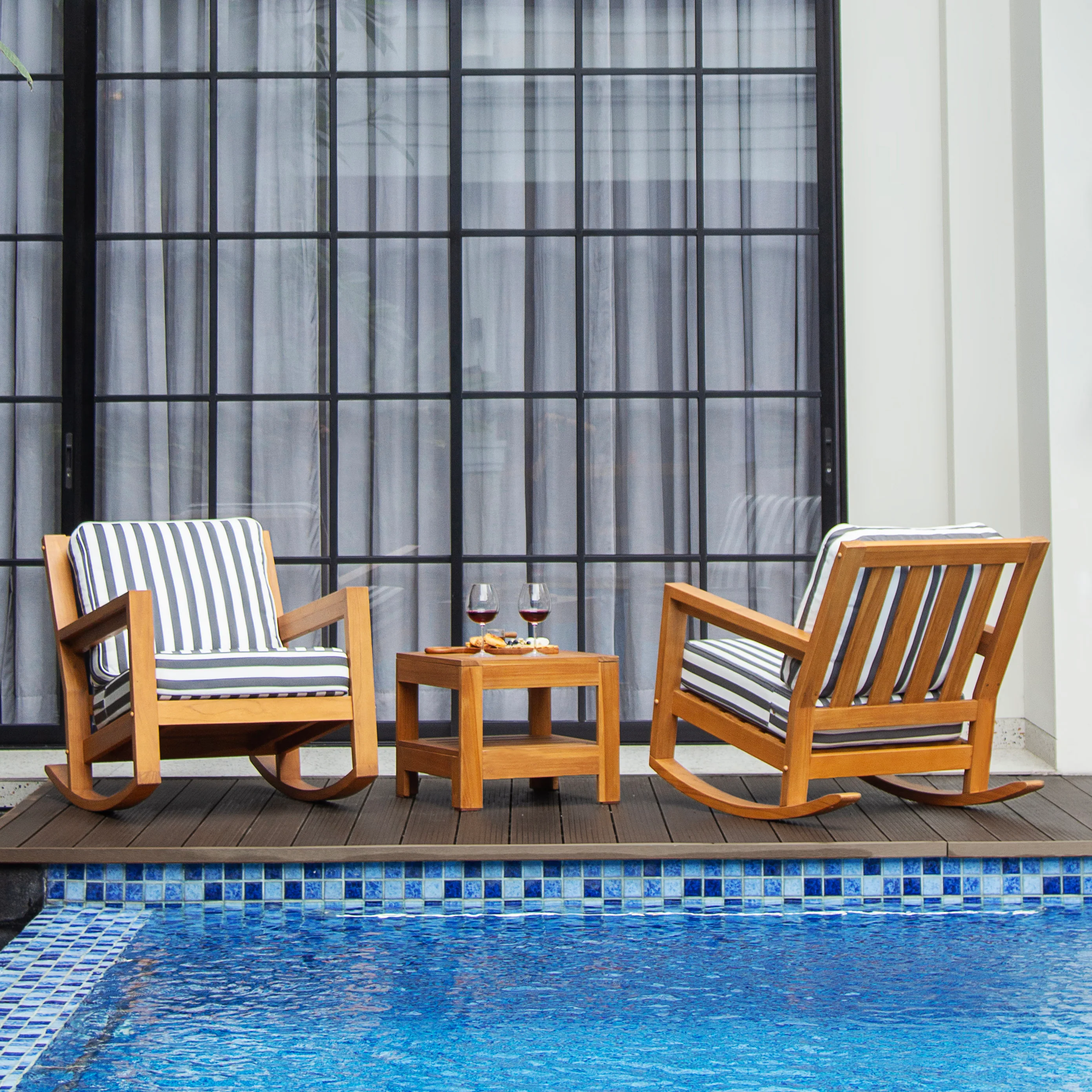 Napa Teak Wood 3 Piece Patio Rocking Chair with Stripe White Gray Cushion - Image 6