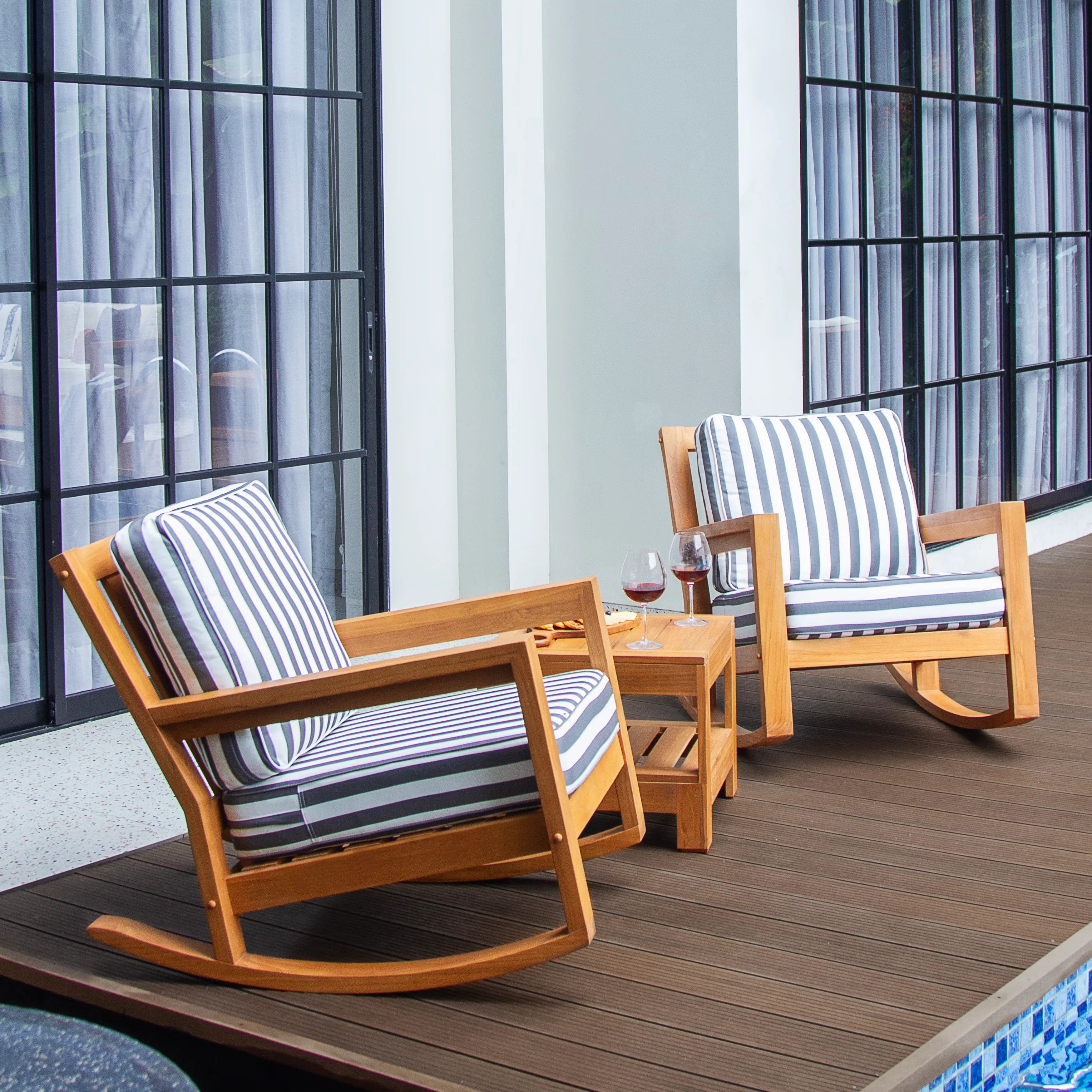 Napa Teak Wood 3 Piece Patio Rocking Chair with Stripe White Gray Cushion - Image 7