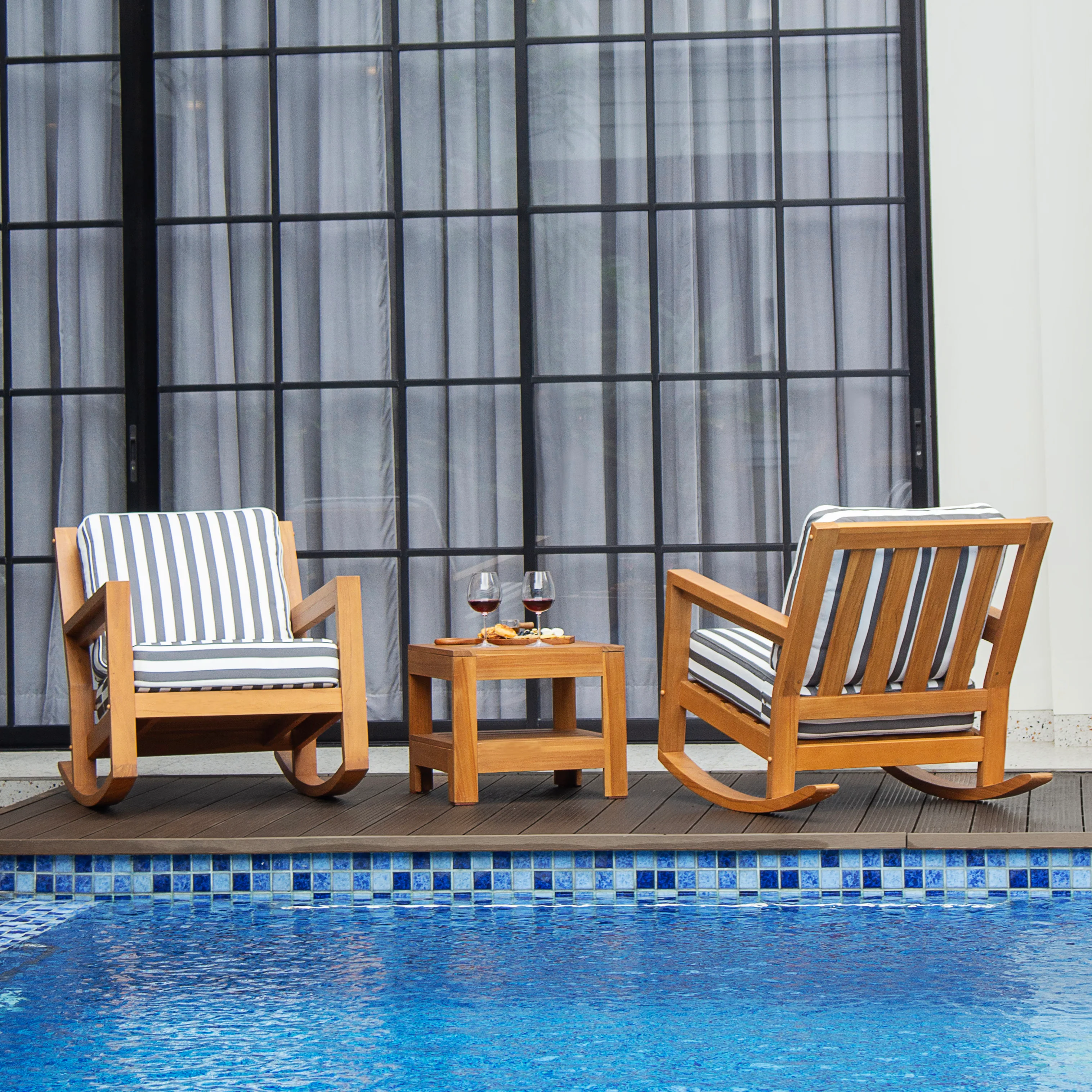 Napa Teak Wood 3 Piece Patio Rocking Chair with Stripe White Gray Cushion - Image 9