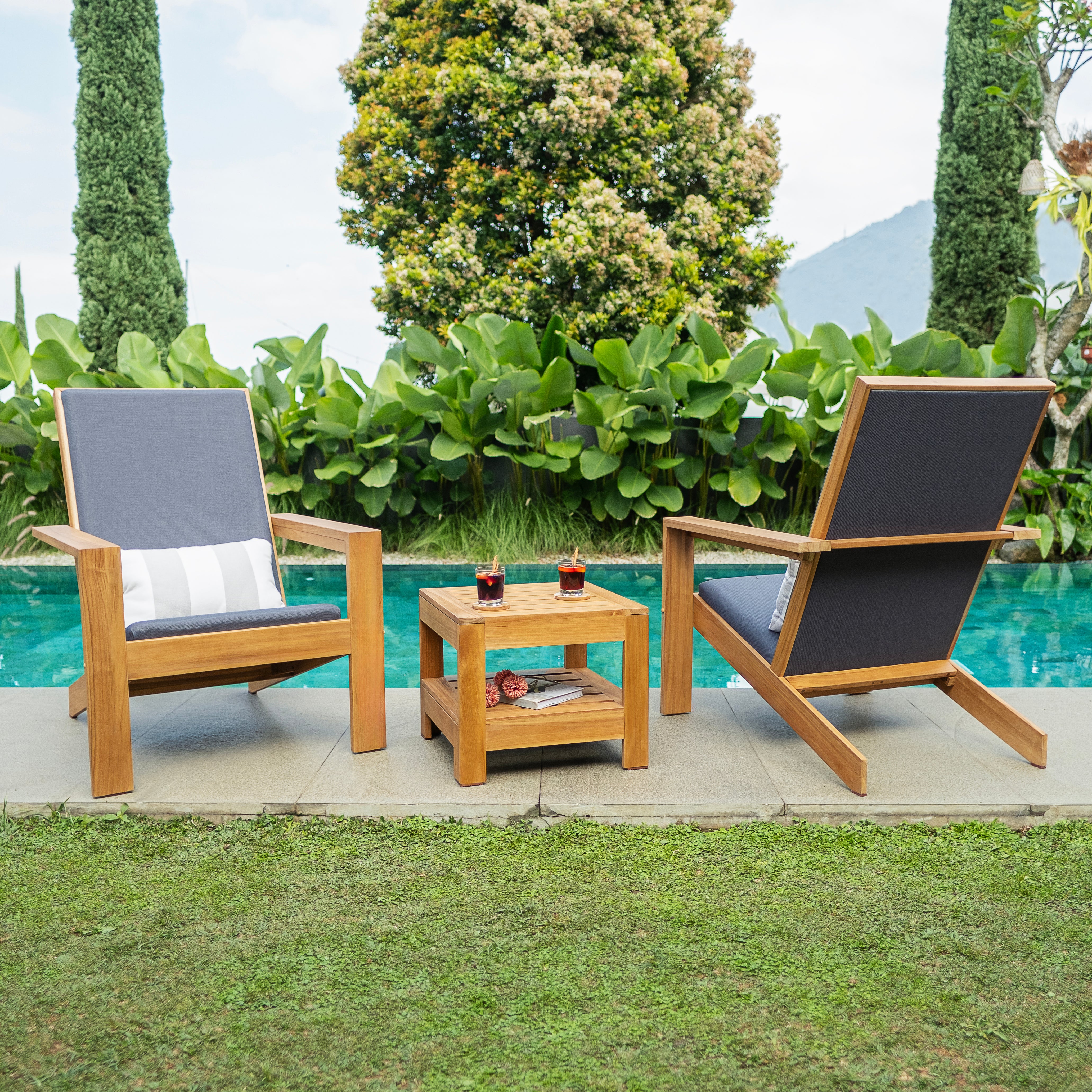 Napa Teak Wood 3 Pieces Modern Conversation Set with Gray Padded Seat – FREE Furniture Cover - Image 10