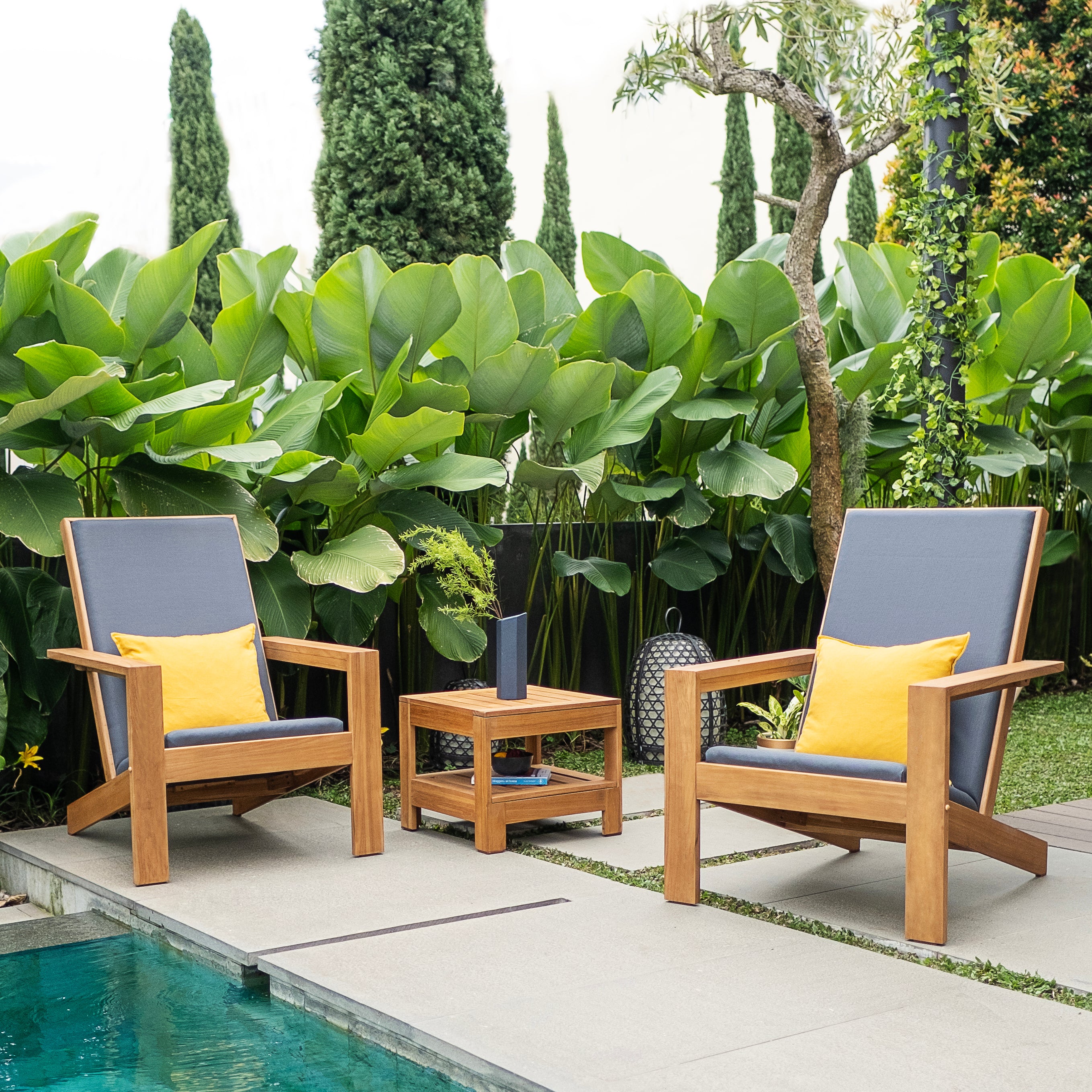 Napa Teak Wood 3 Pieces Modern Conversation Set with Gray Padded Seat – FREE Furniture Cover - Image 3