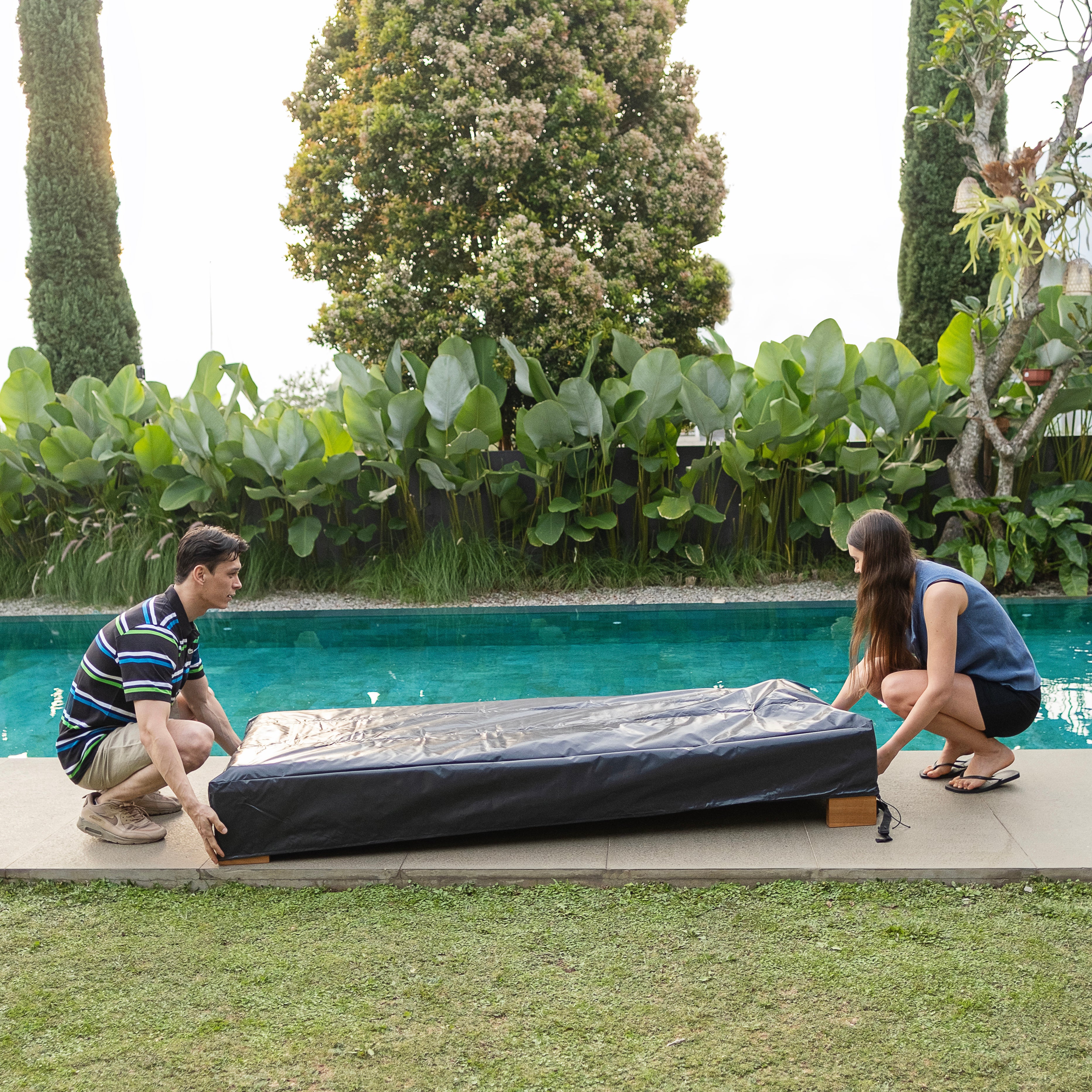 Napa Teak Wood Outdoor Chaise Lounge Gray Padded Seat – FREE Furniture Cover - Image 17