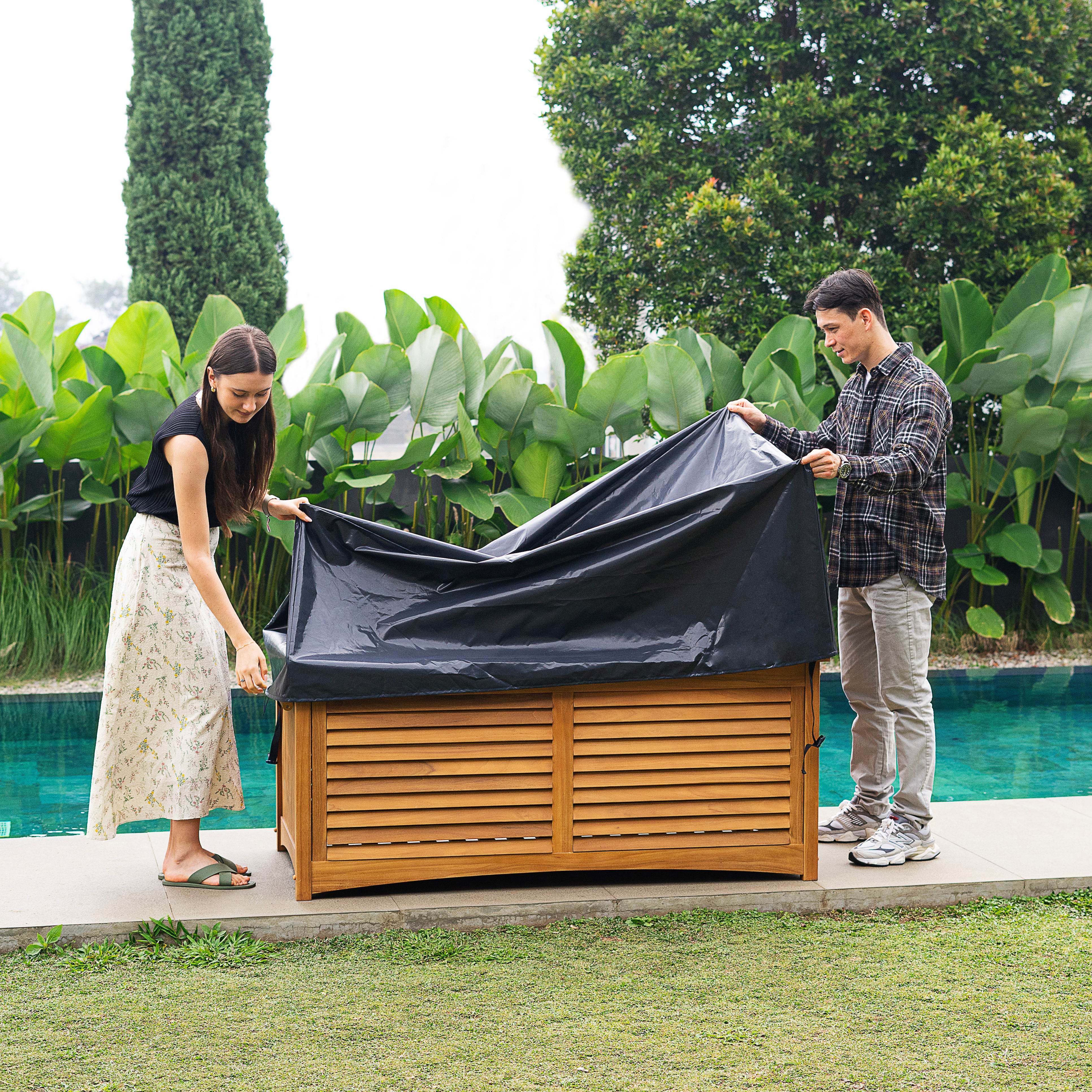 Napa Teak Wood Outdoor Storage Deck Box with Patio Furniture Cover - Image 5